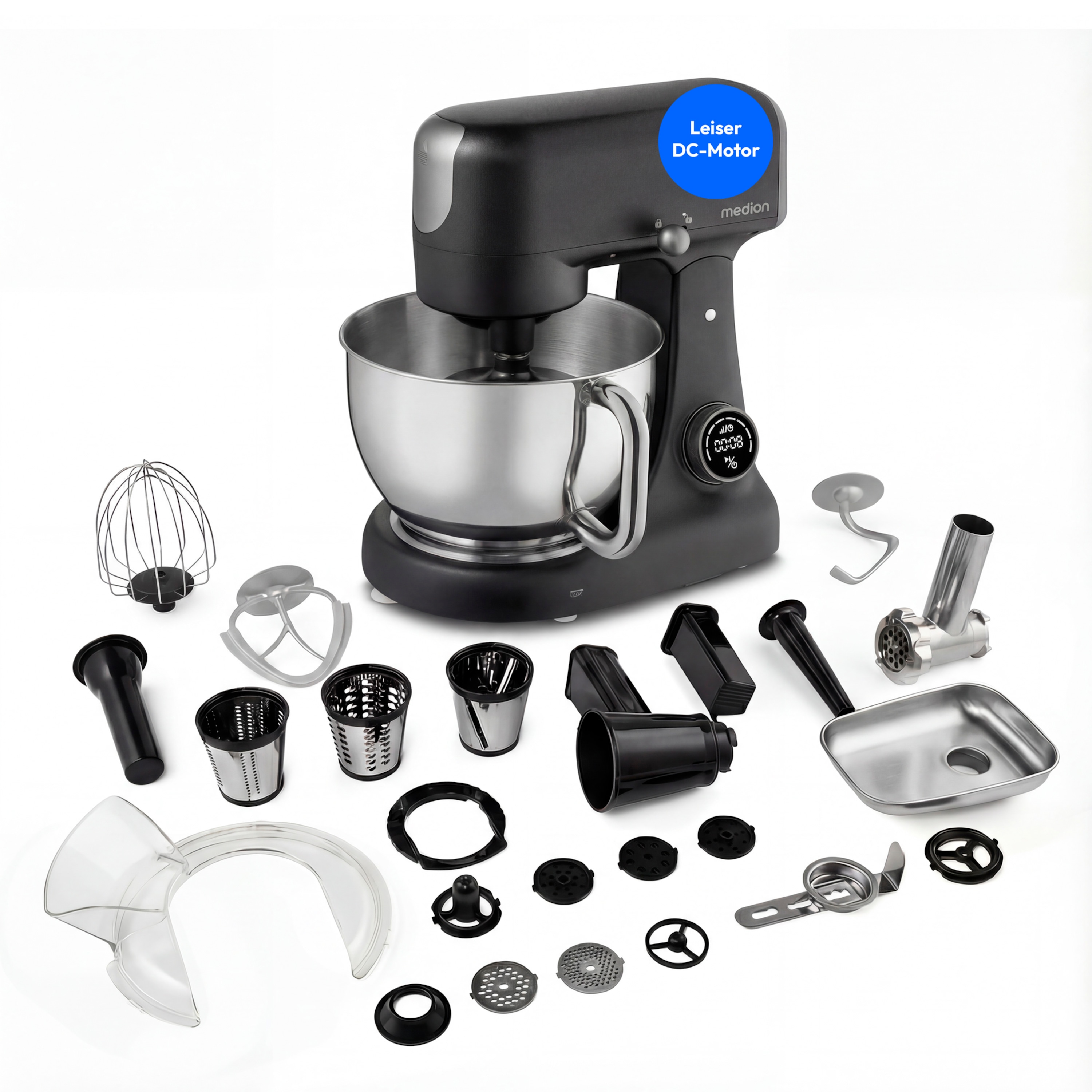 MEDION® LIFE Digitale Küchenmaschine MD12600 schwarz, 800 W Gleichstrommotor, Energiesparend, Ultraleise, Digitales Sensor-Touch-Display, 4,6 L Edelstahlschüssel, Inkl. Fleischwolf