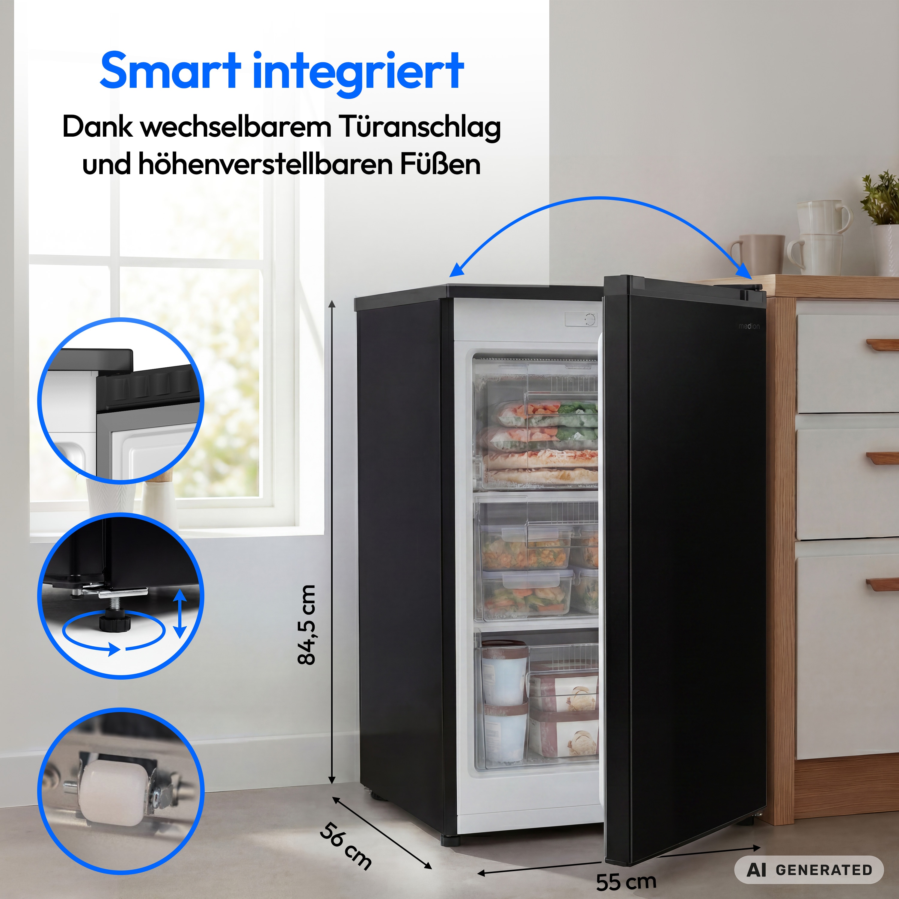 MEDION® LIFE Gefrierschrank MD370018 Schwarz, 85 L Nutzinhalt, 3 Türfächer, manuelle Abtauung, Temperaturbereich 0–5 °C, Energieklasse C, leiser Kompressorbetrieb (39 dB), wechselbarer Türanschlag