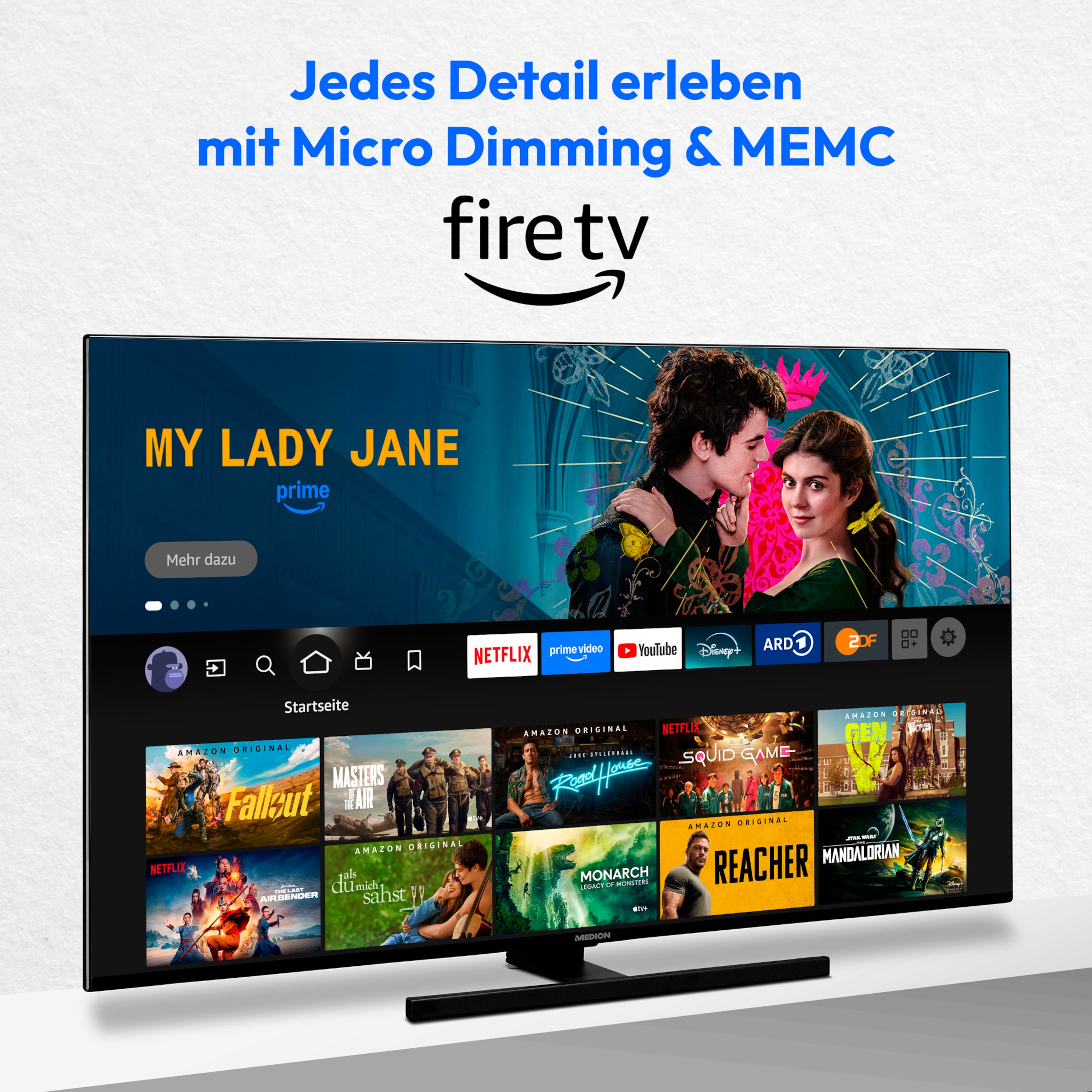 MEDION® LIFE® X15537 (MD 31412) QLED Fire TV, 138,8 cm (55'') Ultra HD Display, HDR, Dolby Vision®, Micro Dimming, MEMC, Netflix, Amazon Prime Video, Bluetooth®, DTS HD, DTS Virtual X, Dolby Atmos®, HD Triple Tuner, CI+