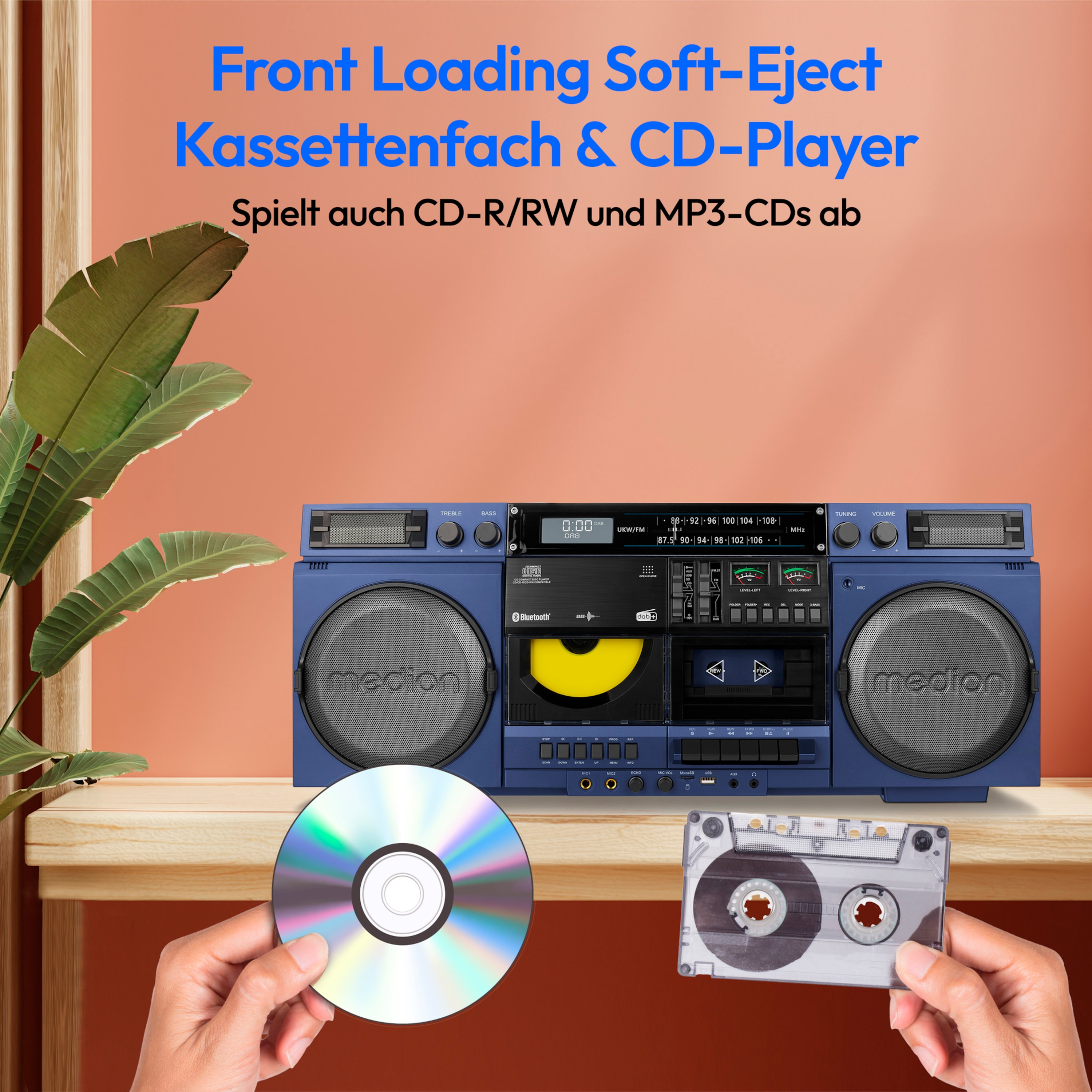 MEDION® LIFE® P66538 Retro-Boombox, DAB+/PLL-UKW Radio, Bluetooth® 5.3 für das Abspielen von Smartphone & Co, CD-Player, Kassettendeck, X-Bass Funktion, 2 x 10 W RMS