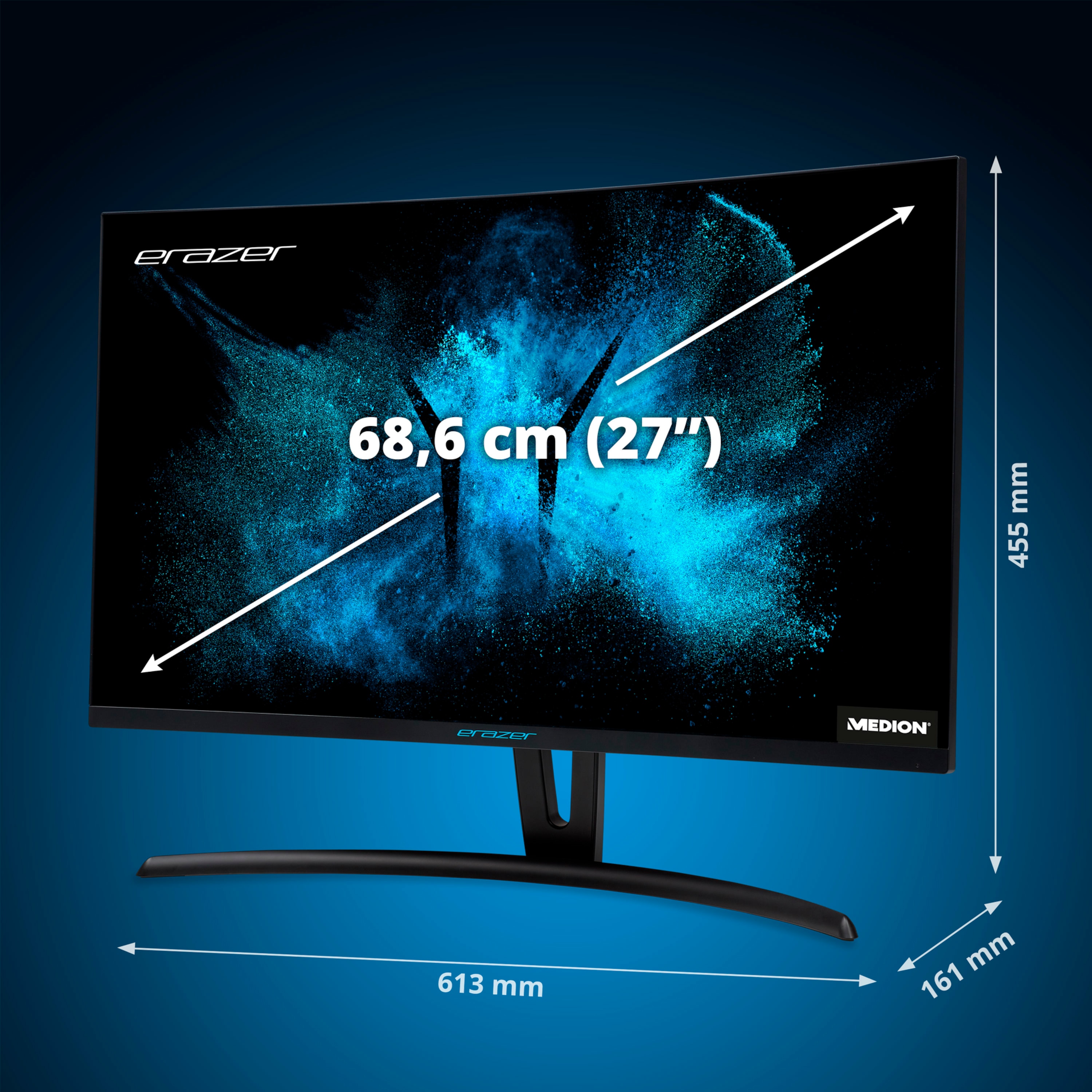 MEDION® ERAZER® X52773 Curved Widescreen Monitor, 68,6 cm (27''), QHD Display, 144Hz, 1ms Reaktionszeit, HDMI® Anschluss, DisplayPort, integrierte Lautsprecher