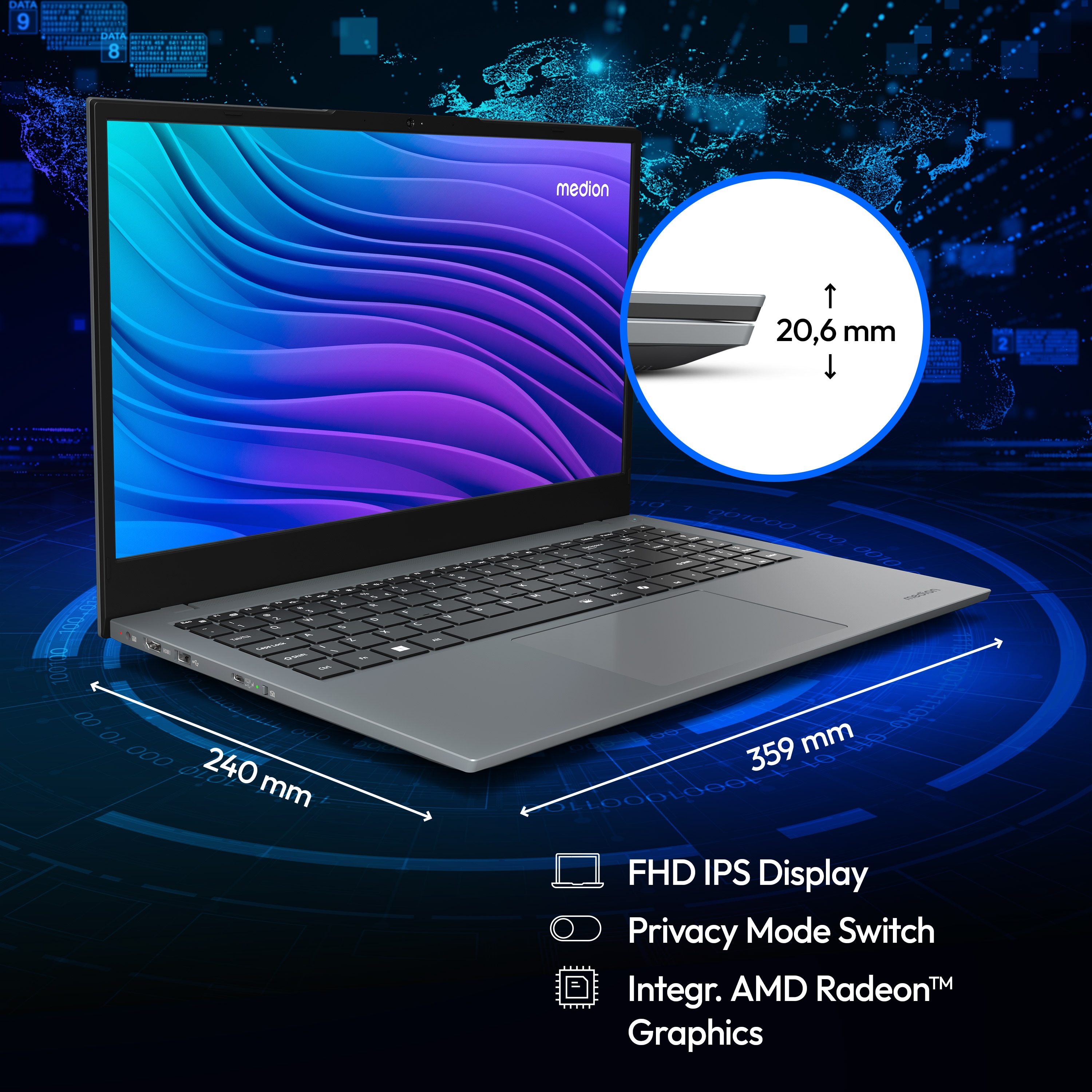 MEDION Avantum 15 E1, AMD Ryzen™ 5 7430U, Windows&nbsp;11&nbsp;Home, 39,6 cm (15,6'') FHD Display, 1 TB SSD, 32 GB RAM