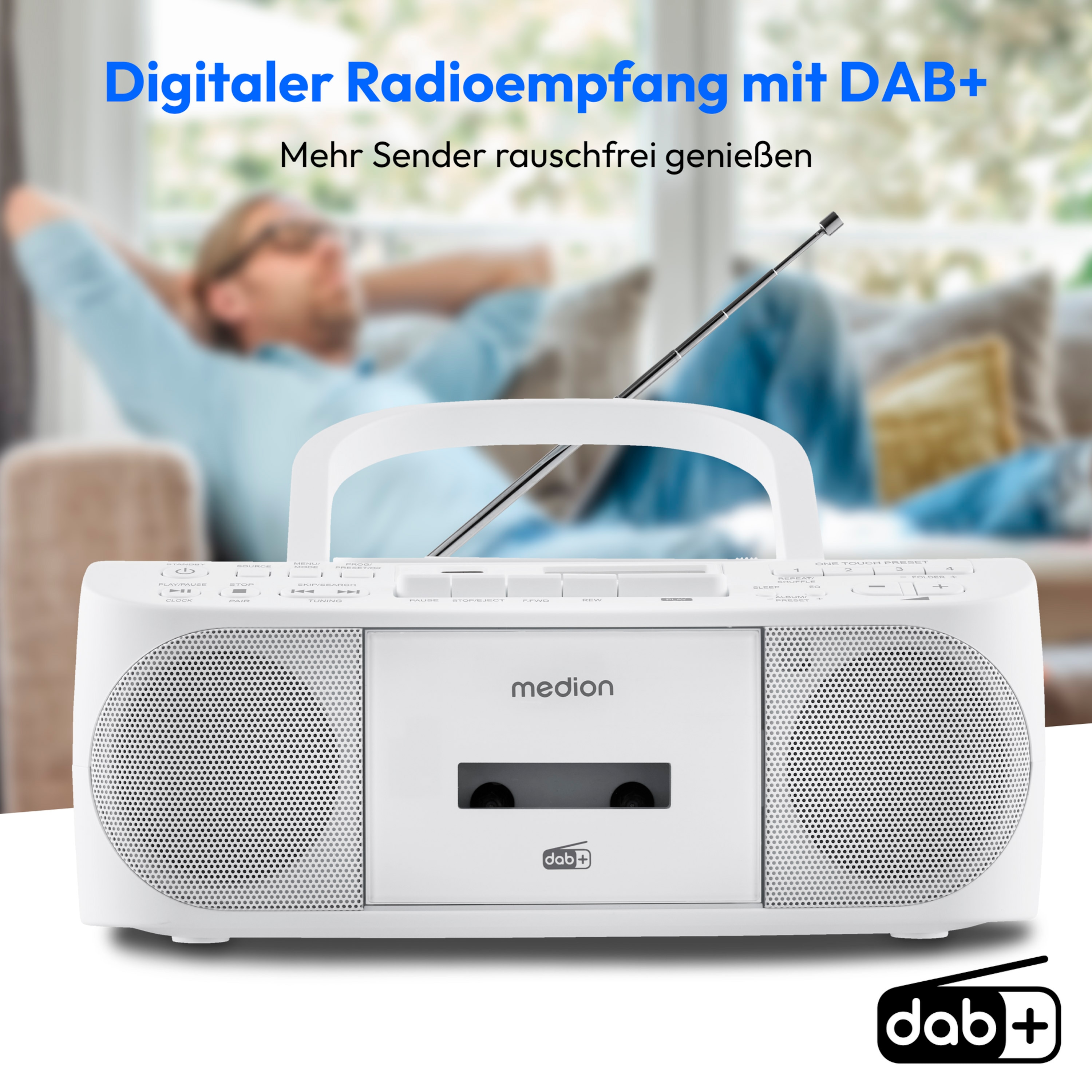 MEDION® LIFE® DRX-1 Plus Boombox, DAB+/PLL-UKW-Stereo Radio, Bluetooth® 5.4, CD-Kassetten-Radio mit MP3-Wiedergabe, USB Anschluss, CD-R/RW kompatibel, AUX-In, 2 x 3 W RMS