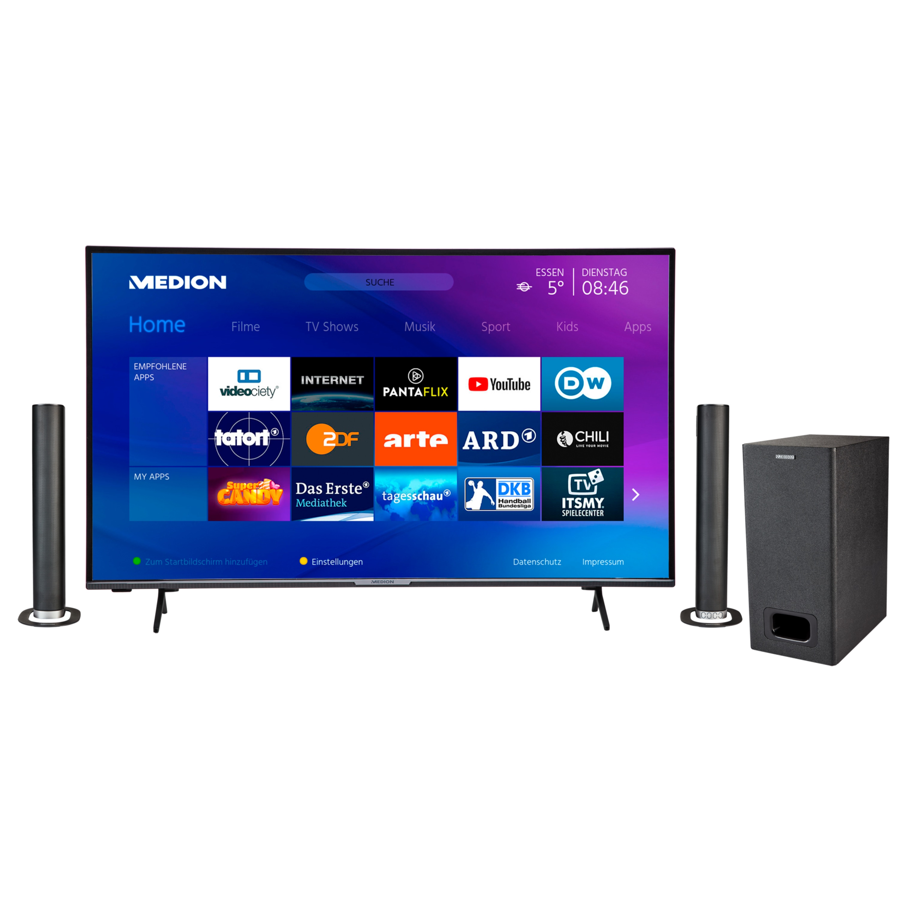 MEDION® LIFE® X15509 (MD 31243) 138,8 cm (55'') Ultra HD Smart-TV + P61220 TV-Soundbar mit Bluetooth & Subwoofer - ARTIKELSET