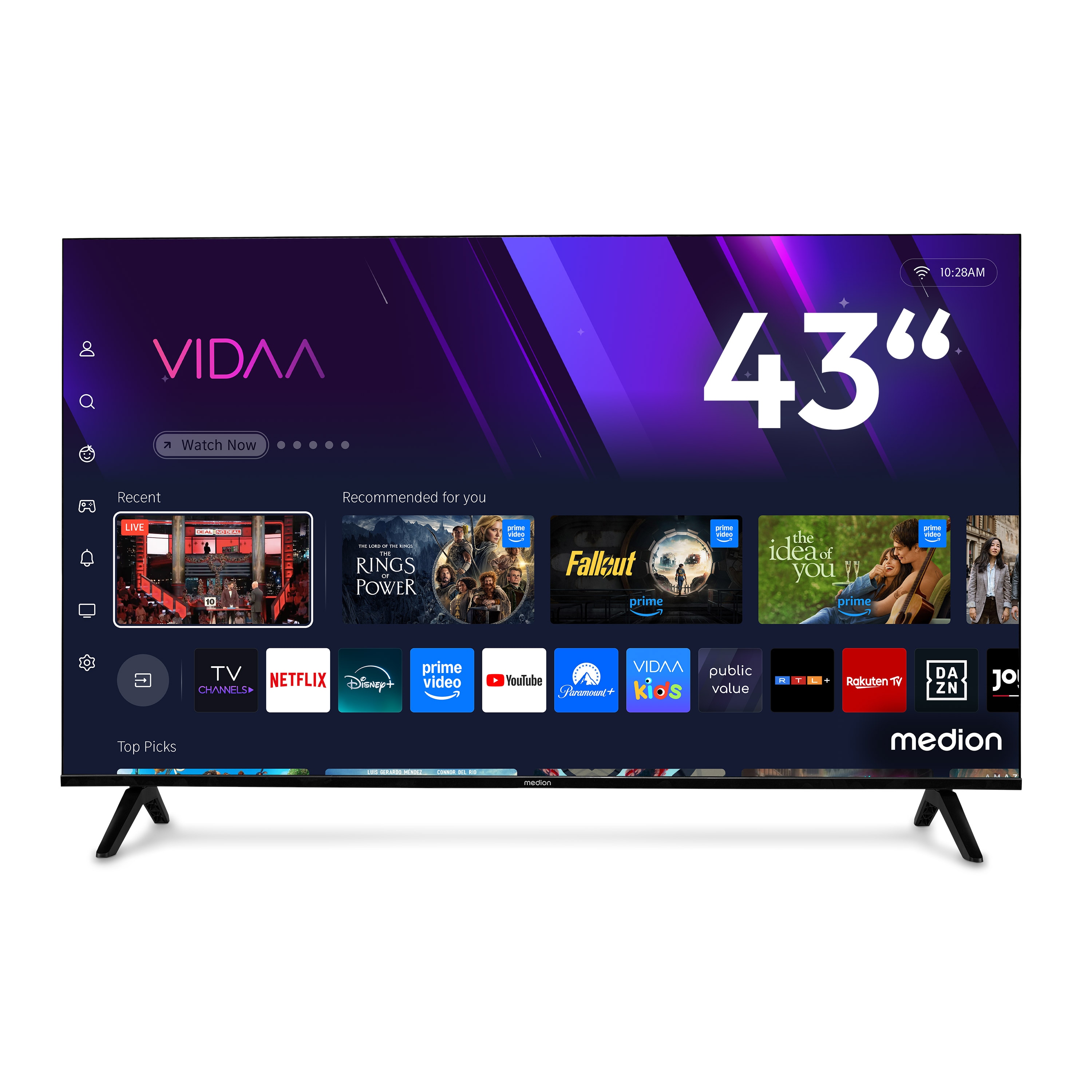 MEDION® LIFE MD 843601 QLED Smart-TV, 108 cm (43'') Ultra HD Display, HDR (High Dynamic Range), Dolby Vision®, MEMC, Bluetooth®, PVR ready, NETFLIX, Prime Video, Disney+, DAZN, Paramount+ App, VIDAA App Store, Dolby Atmos®, HD Triple Tuner