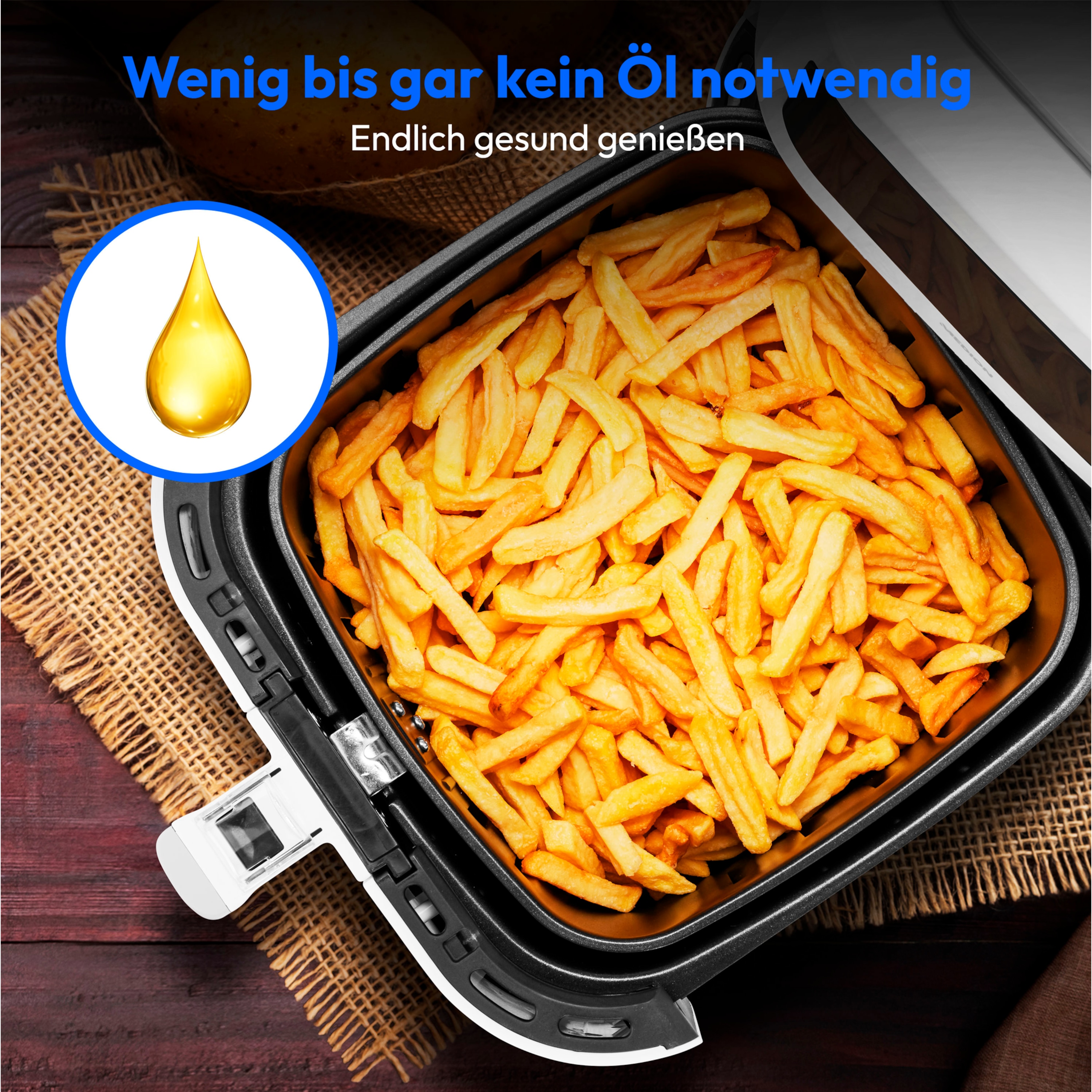 MEDION® LIFE® E40 XL Heißluftfritteuse MD 11740, 100 Rezepte in der Life+ App, ölfreies Frittieren, 9 Automatikprogramme, 5,2 L Korbvolumen