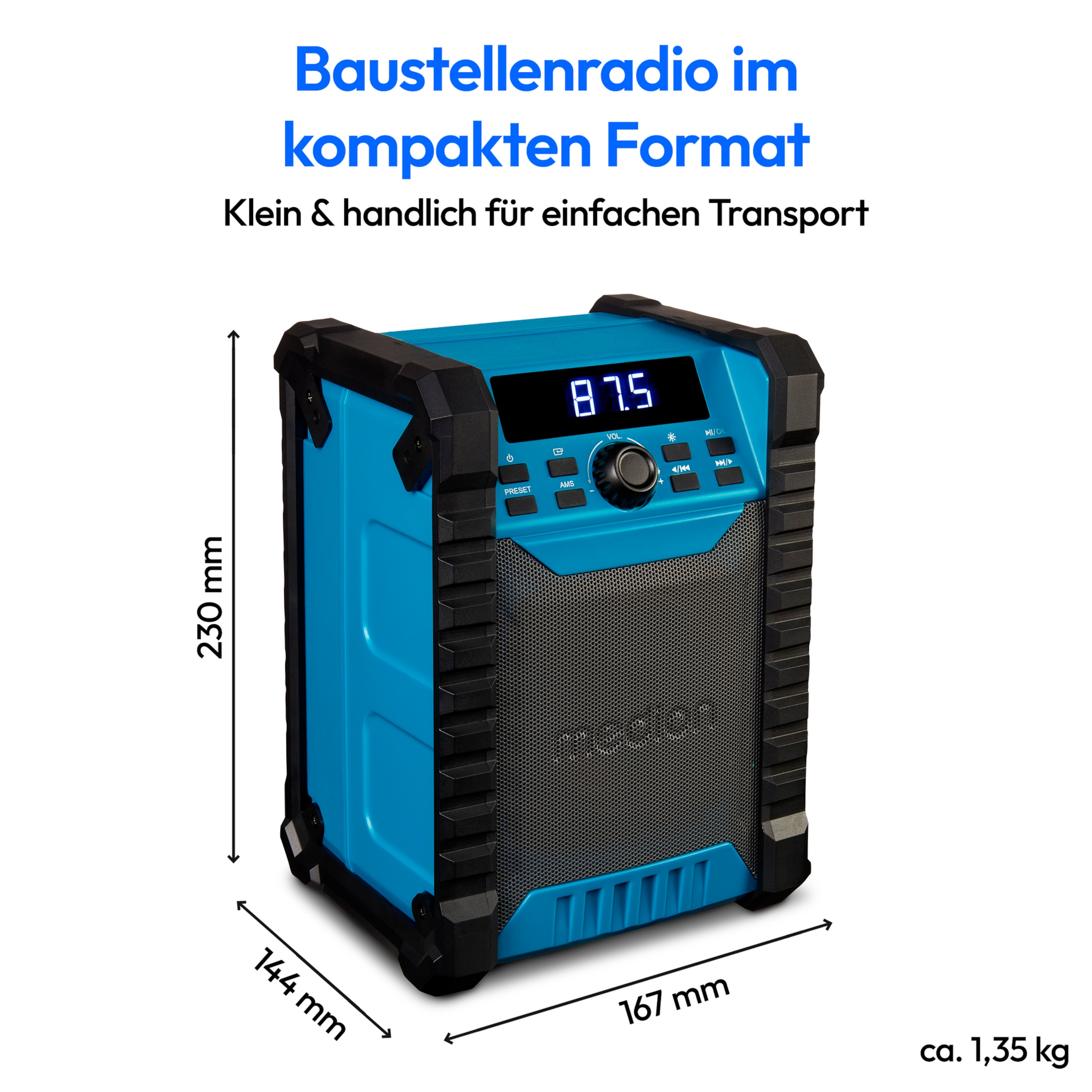 MEDION® LIFE® E65895 Baustellenradio, PLL-UKW Radio, Bluetooth® 5.4, spritzwassergeschützt (IP54), robustes Gehäuse, 10 W RMS