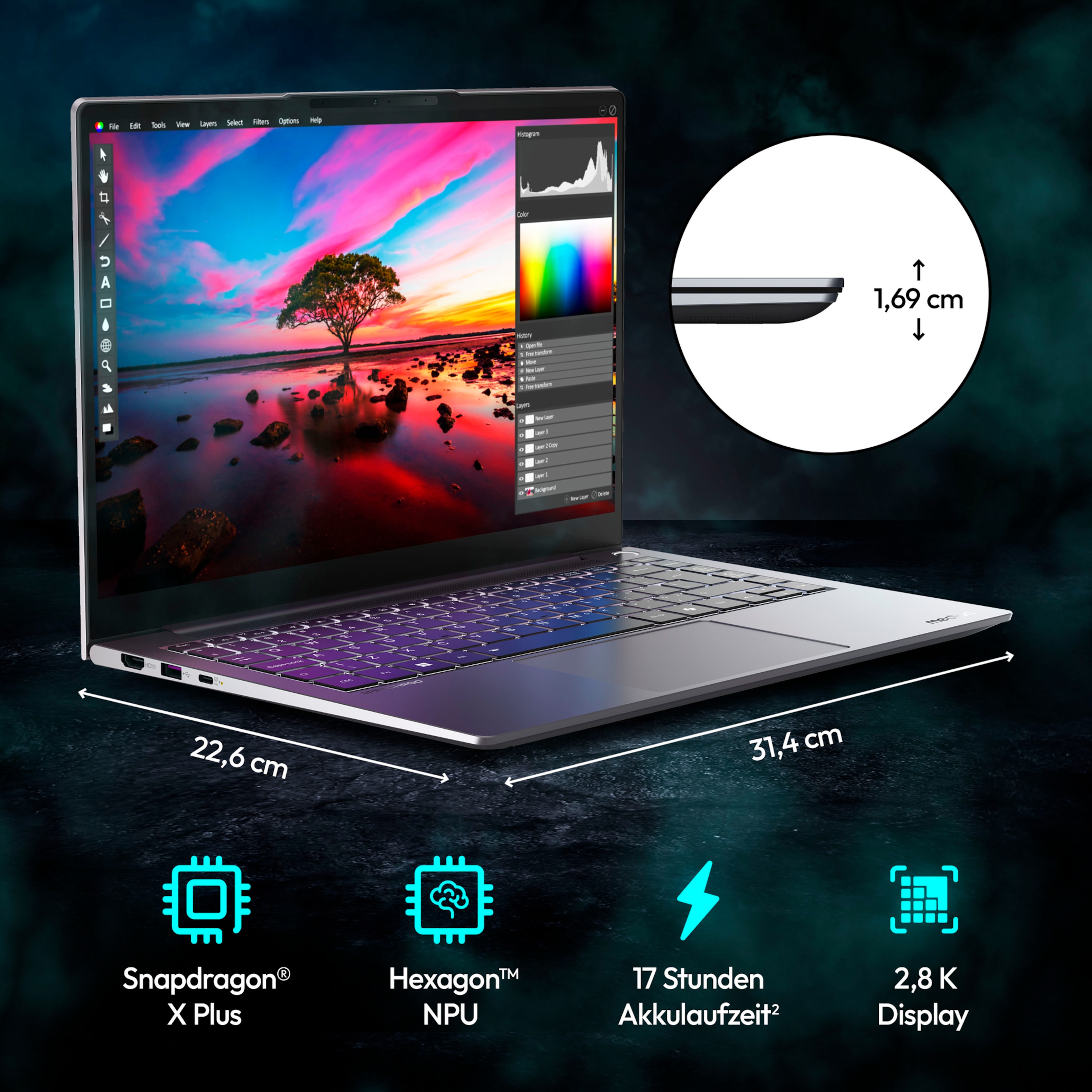 MEDION® SPRCHRGD 14 S1; Copilot+ PC, Snapdragon® X Plus, Windows 11 Home, 35,56 cm (14“) 2,8K Display, 512 GB SSD, 16 GB RAM