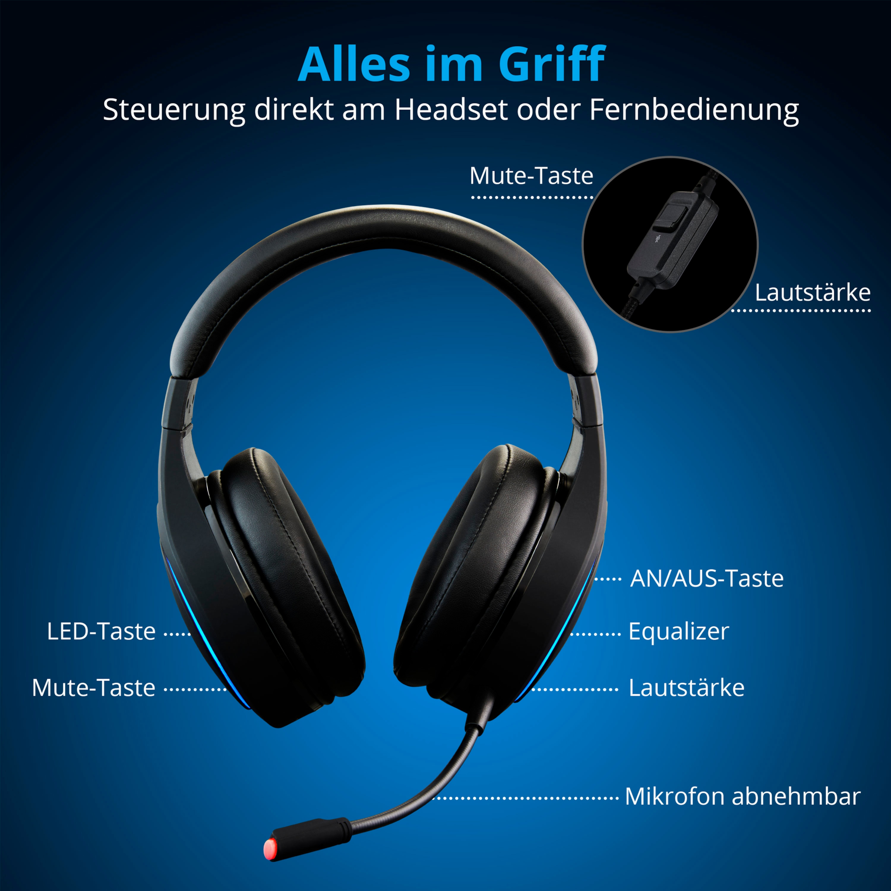 MEDION® ERAZER® Mage X10, Wireless Gaming Headset, klasse Klangqualität, flexibles & abnehmbares Mikrofon, RGB, Kabelbedienelement, bis zu 12 Stunden Laufzeit, kabellos (PC & PS5®) oder kabelgebunden