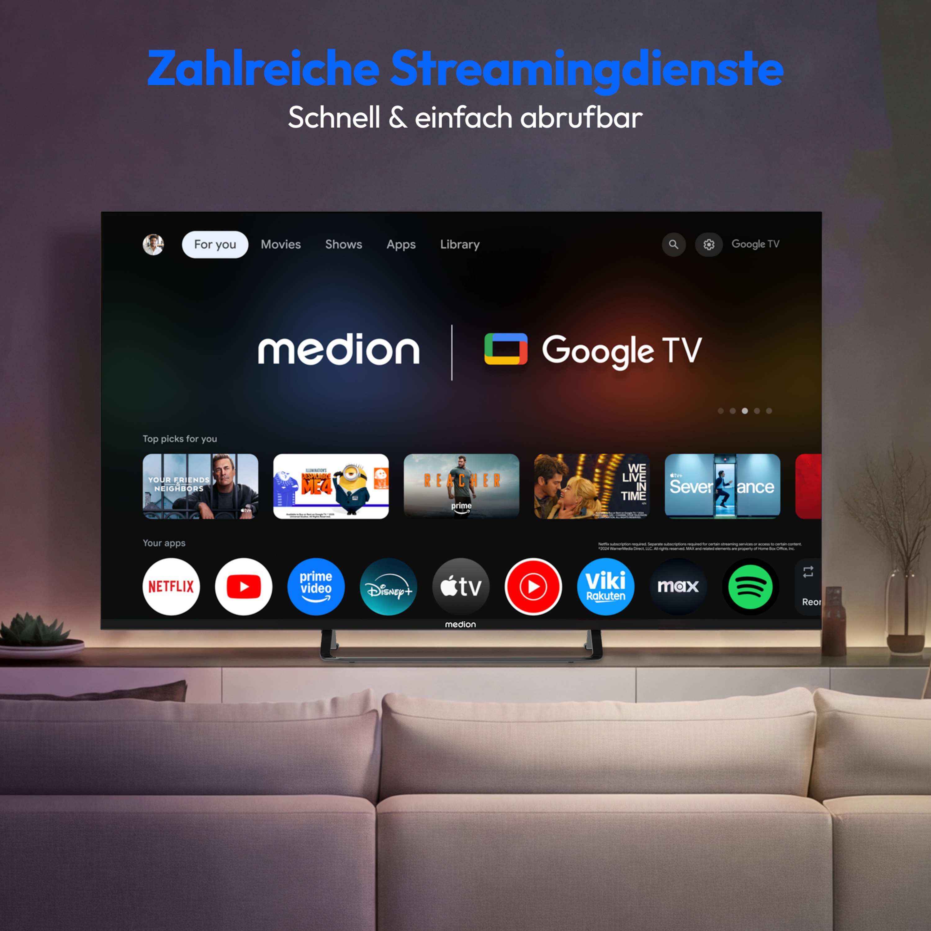 MEDION® LIFE MD 865401 Google TV™ (2026), 163,9 cm (65'') Ultra HD Display, HDR (High Dynamic Range), Dolby Vision®, MEMC, Bluetooth®, PVR ready, Netflix, Prime Video, Disney+, App Store