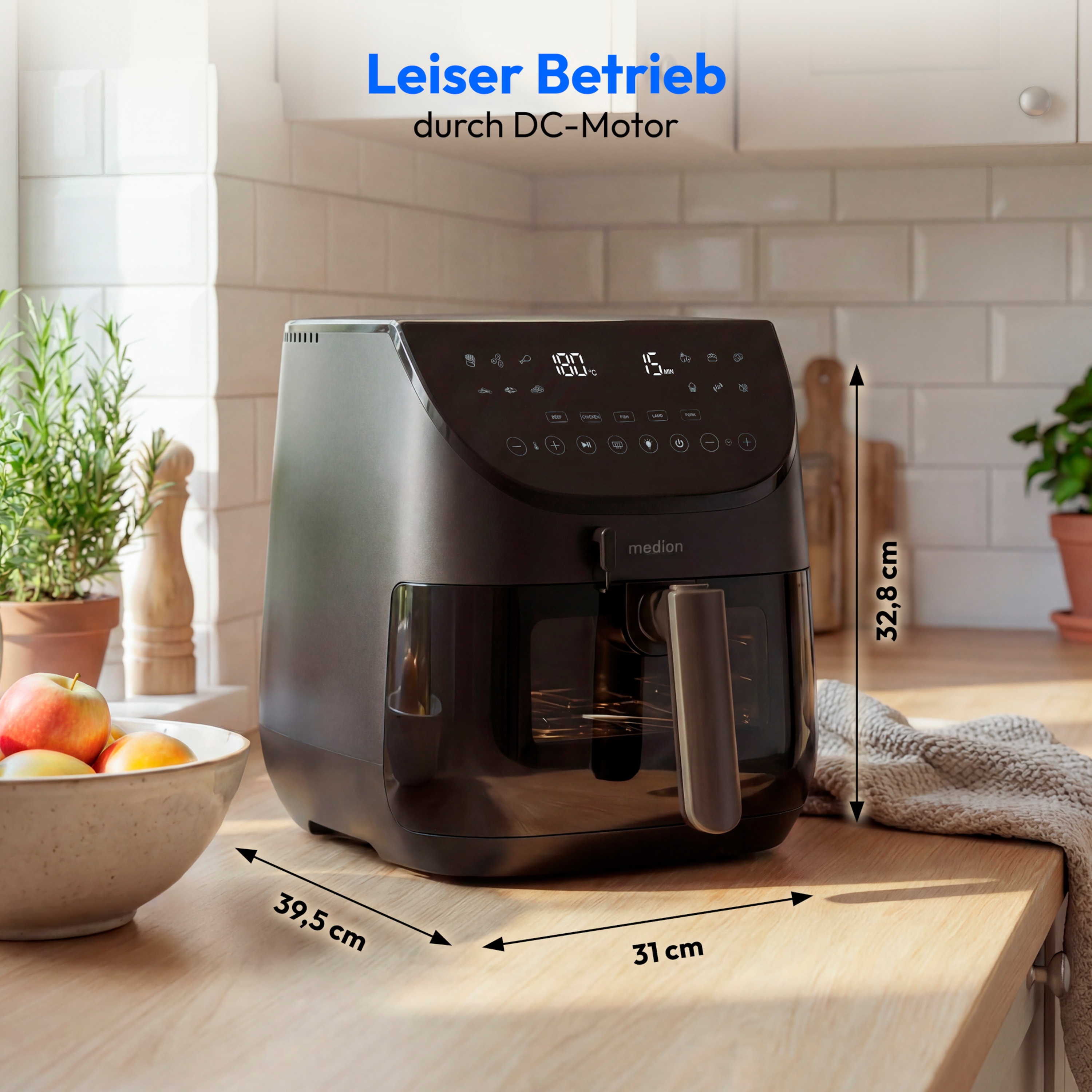 MEDION® LIFE Heißluftfritteuse X20 XL (MD13060), Temperaturfühler, MEDION Life+ App, Touch-Sensor- Bedienfeld, 6,6 L Fassungsvermögen, 10 Automatikprogramme, 5 Fleischprogramme