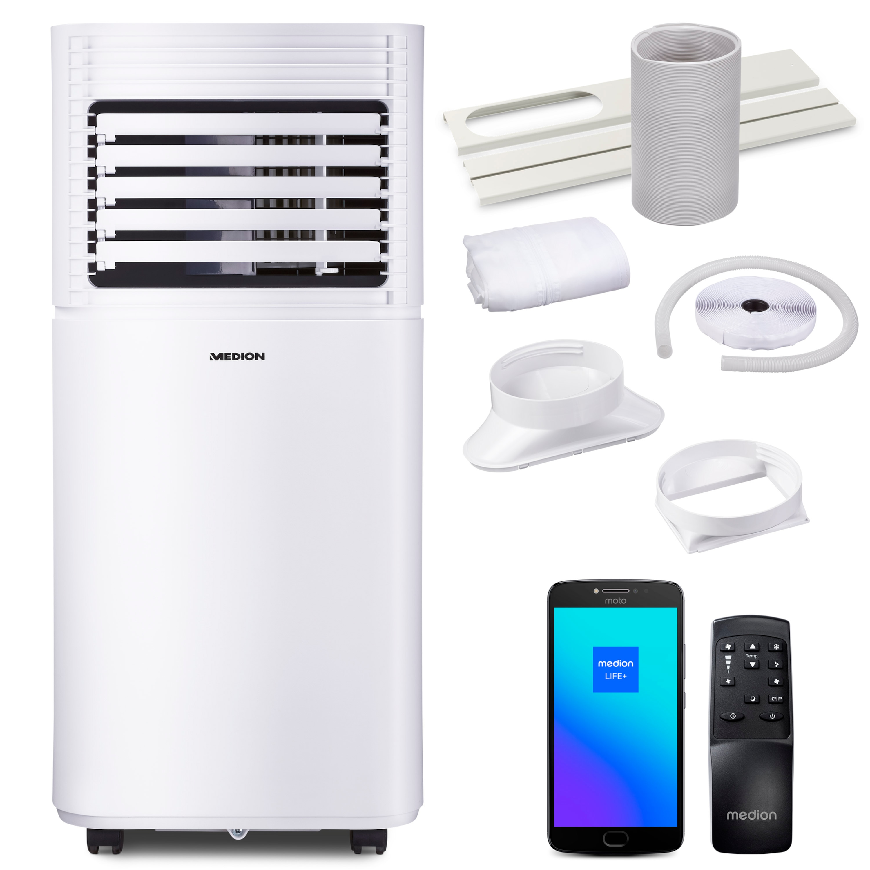 MEDION® LIFE® P901 Klimaanlage (MD 37732), Kühlen, Entfeuchten und Ventilieren, Kühlleistung 9.000 BTU, Kühlmittel R290, max. 32m², App- und Sprachsteuerung, Inkl. Fenster-Kit