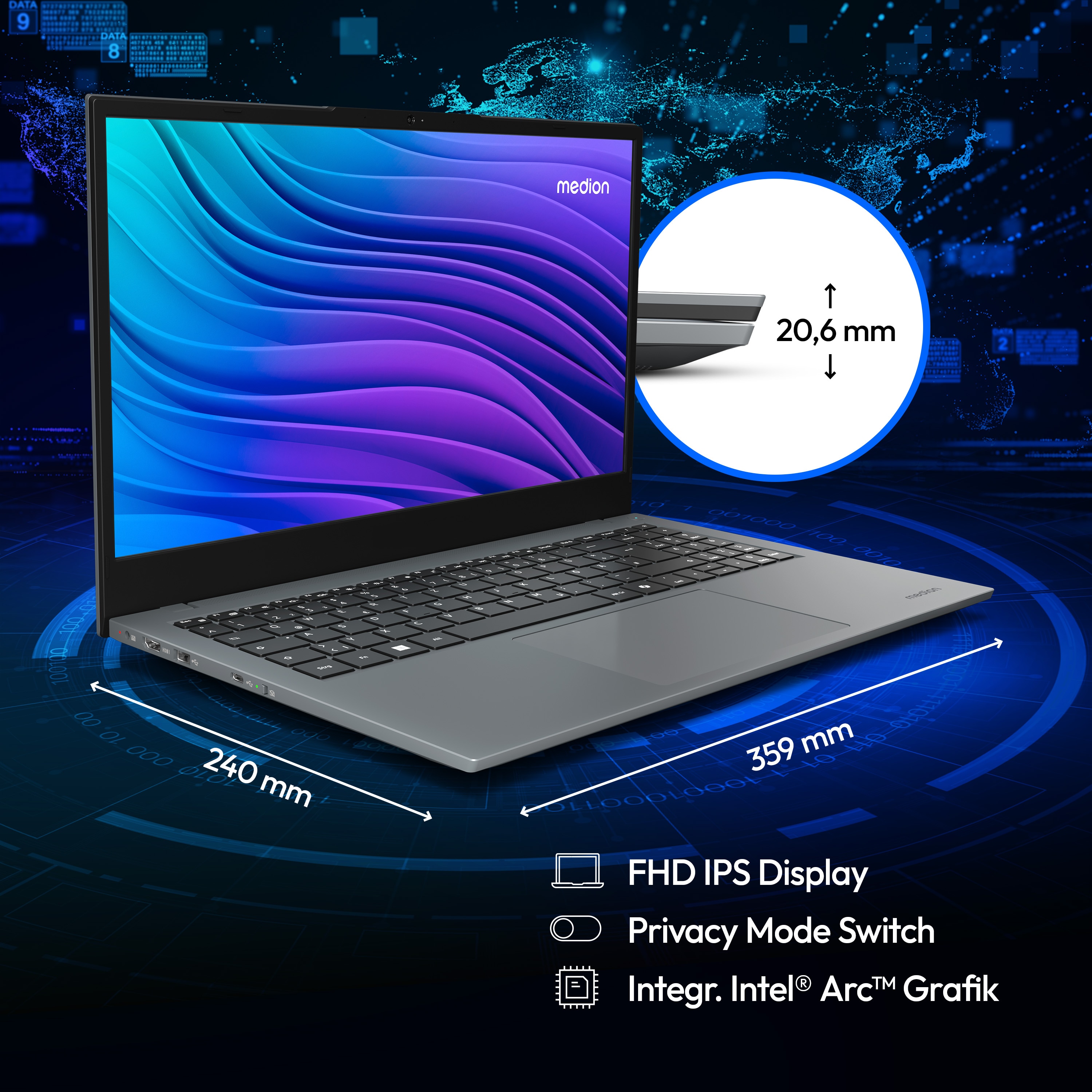 MEDION® E15443 KI-gestützes Laptop, Intel® Core™ Ultra 5 125H, Windows 11 Home, 39,6 cm (15,6'') FHD Display, 512 GB SSD, 16 GB RAM