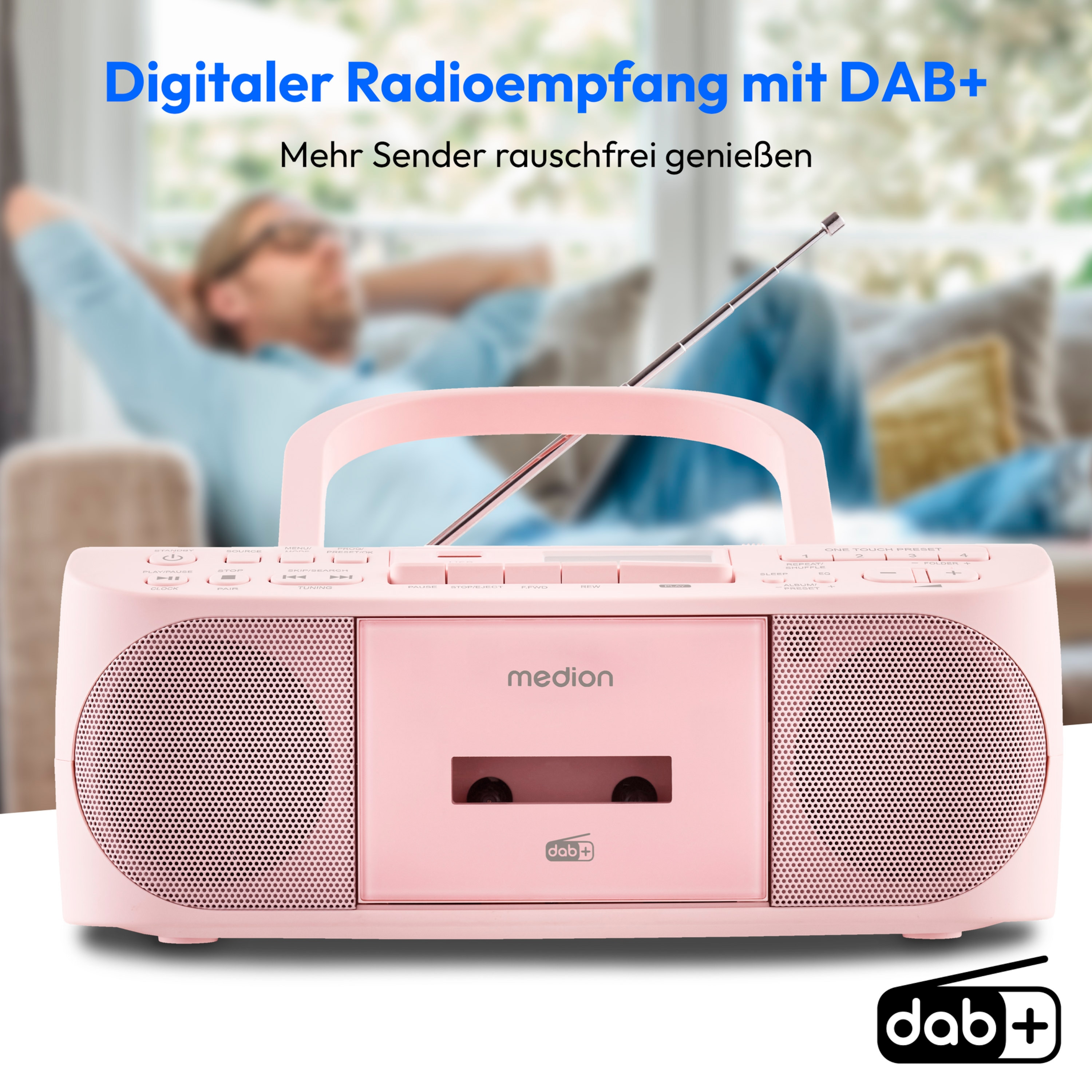 MEDION® LIFE® DRX-1 Plus Boombox, DAB+/PLL-UKW-Stereo Radio, Bluetooth® 5.4, CD-Kassetten-Radio mit MP3-Wiedergabe, USB Anschluss, CD-R/RW kompatibel, AUX-In, 2 x 3 W RMS