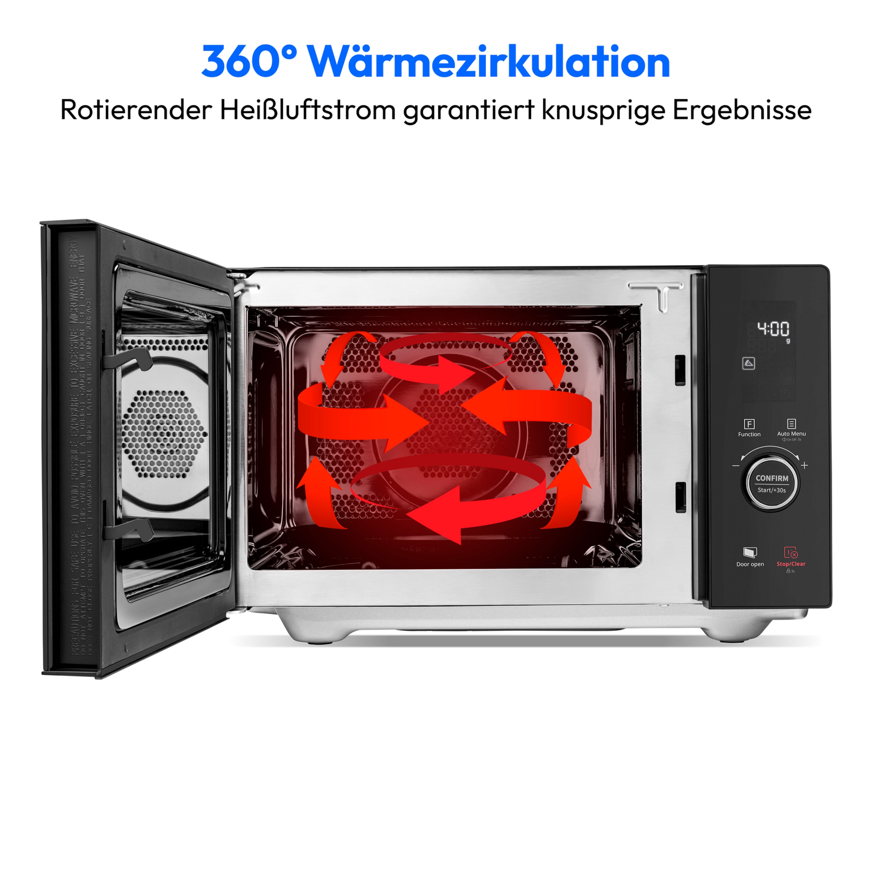 MEDION® LIFE® 4 in 1 Mikrowelle MD12041, 900 Watt Mikrowellenleistung, 1100 W Obergrillleistung, 500 W Untergrilleistung, 2100 W Heißluftfunktion, 2 Heizelemente, Sensor-Touch-Türöffnung, 11 Automatikprogramme, 25 L Kapazität, 10 Leistungsstufen
