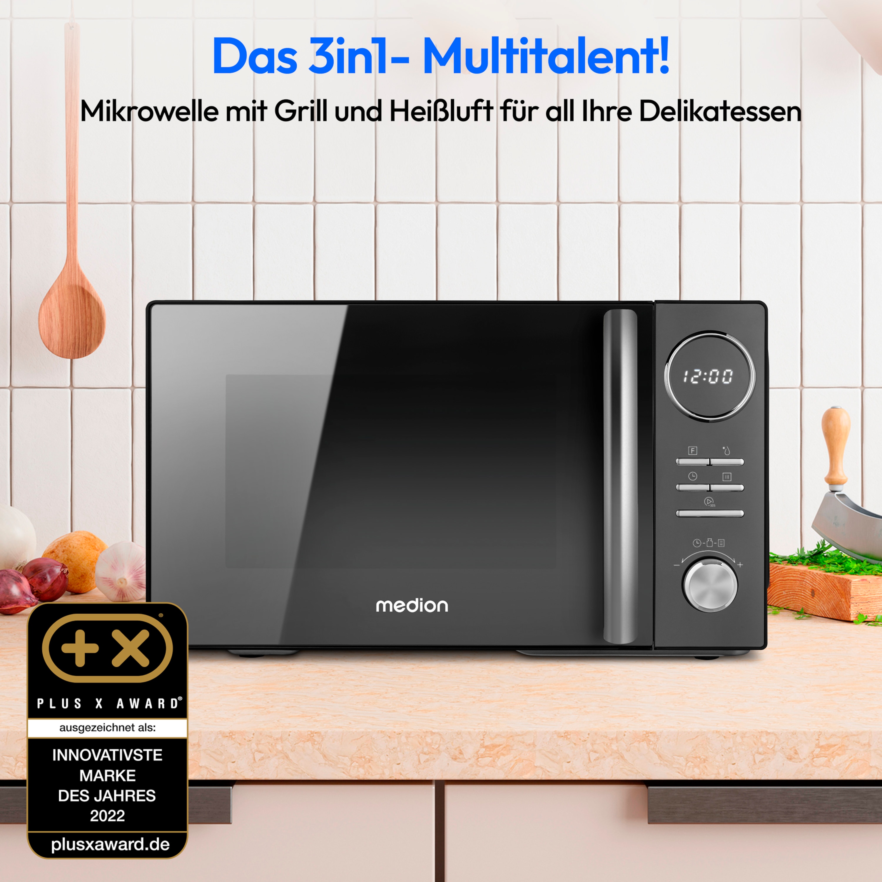 MEDION® LIFE® 3 in 1 Mikrowelle  MD 11493, Kombination aus Mikrowelle, Grill und Heißluft, 23 L, 10 Automatikprogramme, 900 W, Digitaler Timer