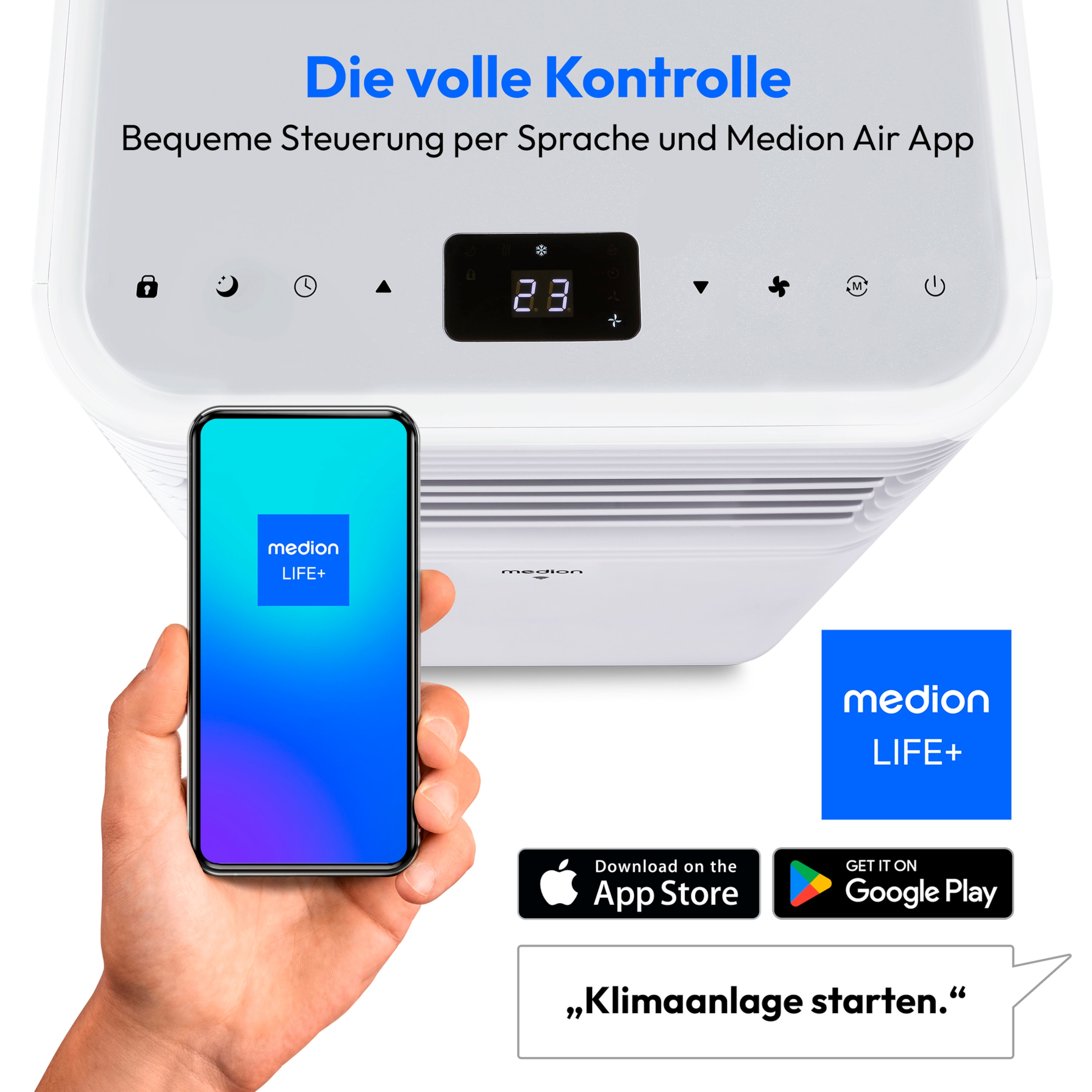 MEDION® LIFE® P701 Klimaanlage (MD 37672), Kühlen, Entfeuchten und Ventilieren, Kühlleistung 7.000 BTU, Kühlmittel R290, max. 25m², App- und Sprachsteuerung, Inkl. Fenster-Kit