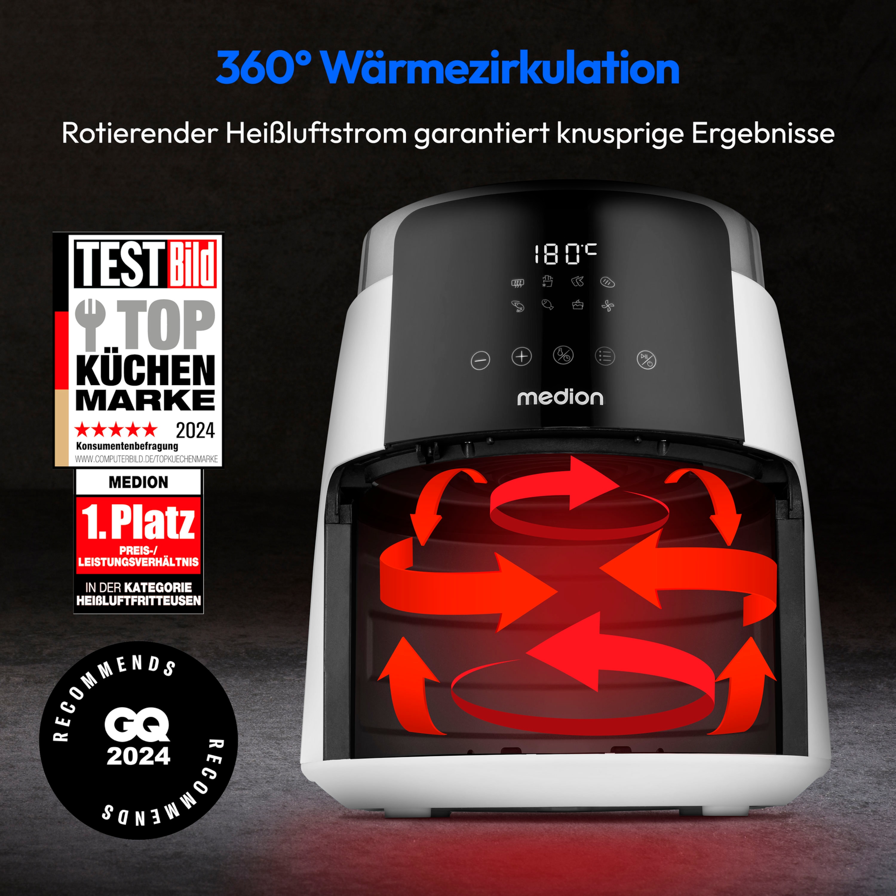 MEDION® LIFE HeißluftFritteuse P40 L (MD13030), 100 Rezepte in der Life+ App¹, Touch-Sensor- Bedienfeld, 4,7 Liter Fassungsvermögen, 8 Automatikprogramme,1.500 Watt, 60 min. Timer, 100