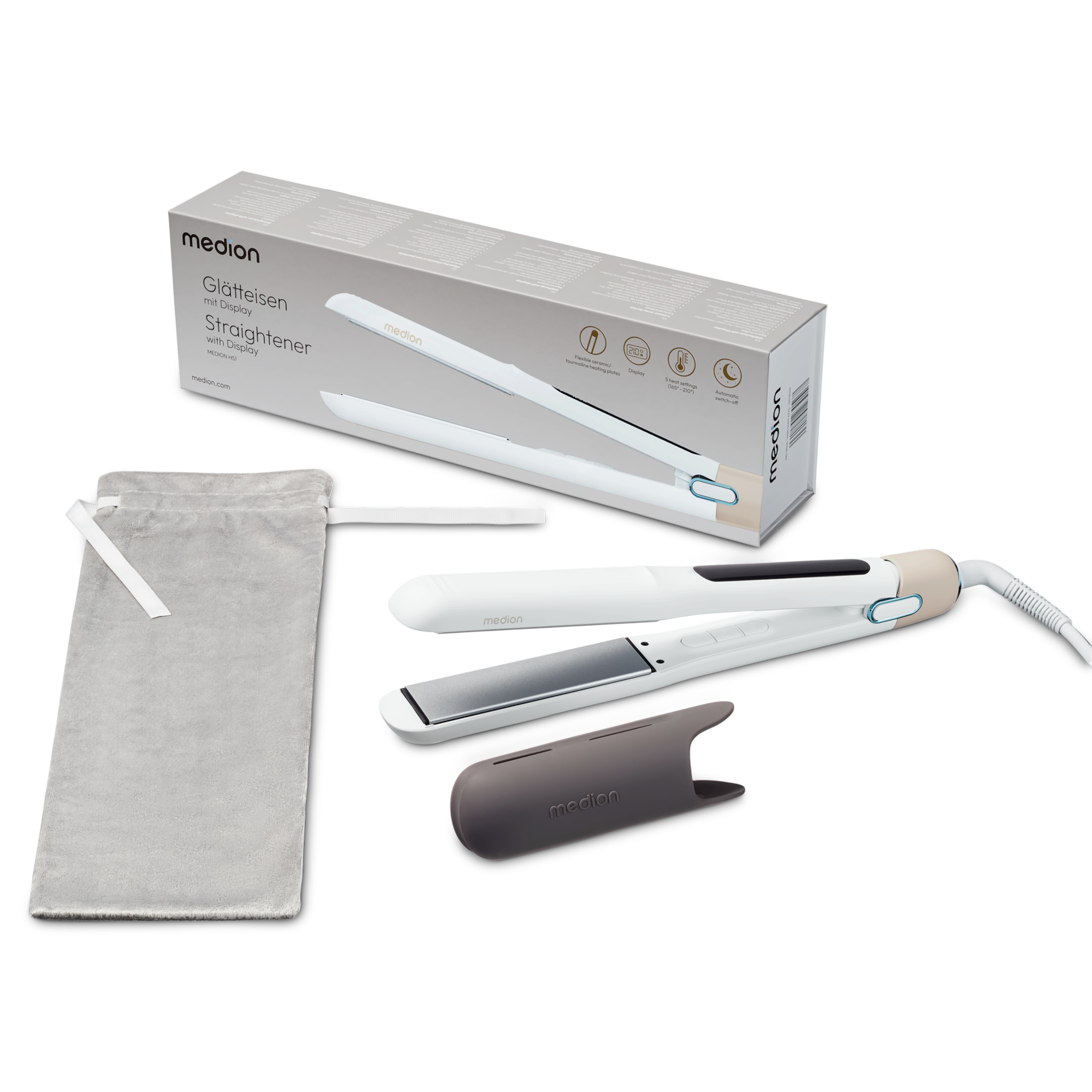 MEDION® LIFE HS1 Glätteisen, flexible Keramik-/Turmalin Heizplatten mit Temperatursensor, Display mit Temperaturanzeige, 5 regelbare Hitzestufen (165° - 210°)