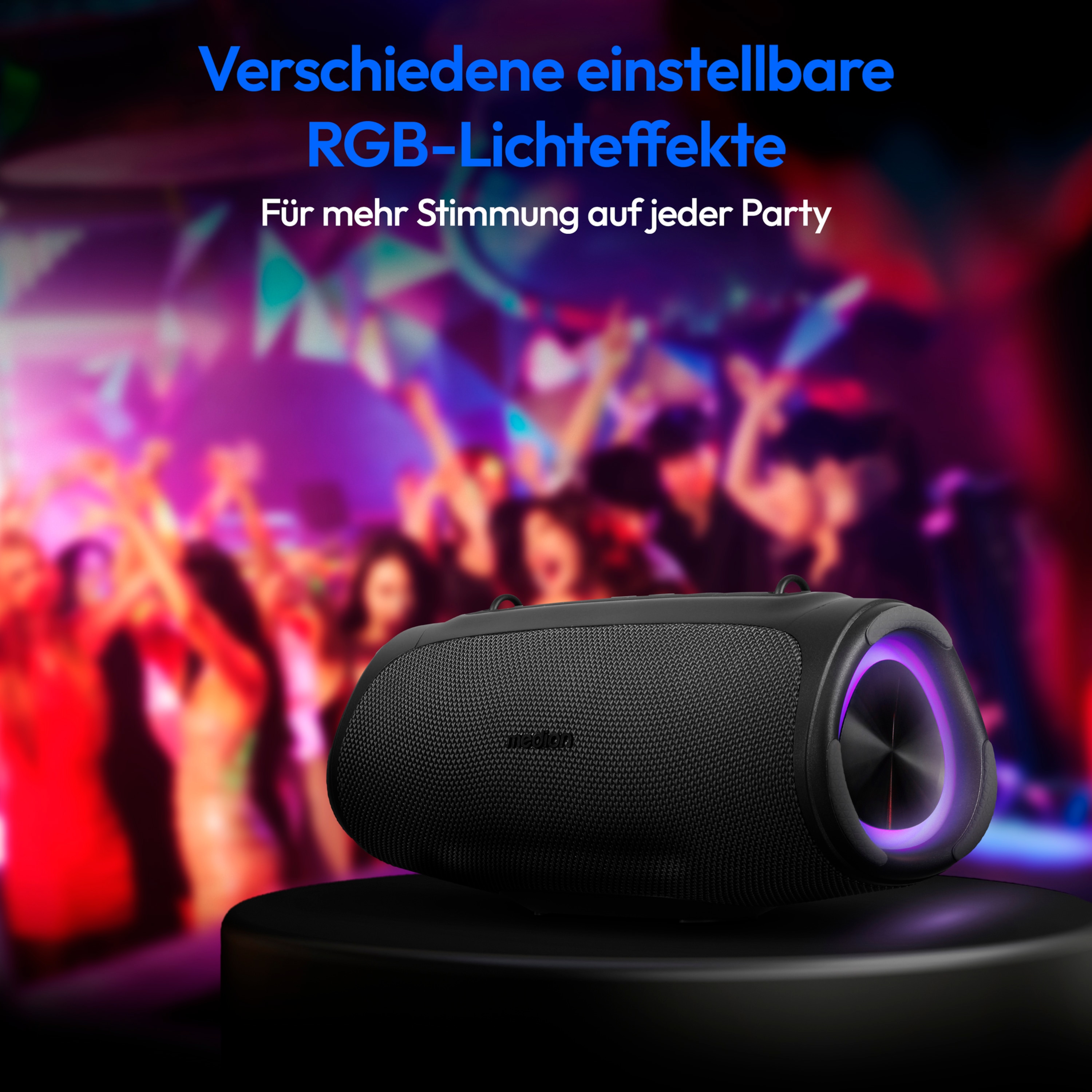 MEDION® LIFE® P61746 Tragbarer Bluetooth® Lautsprecher M, Dual Illuminated (RGB-Lichteffekte), Bluetooth® 5.3, integrierter Akku mit bis zu 42 Stunden Laufzeit, robustes & mobiles Design, 2 x 15 W RMS