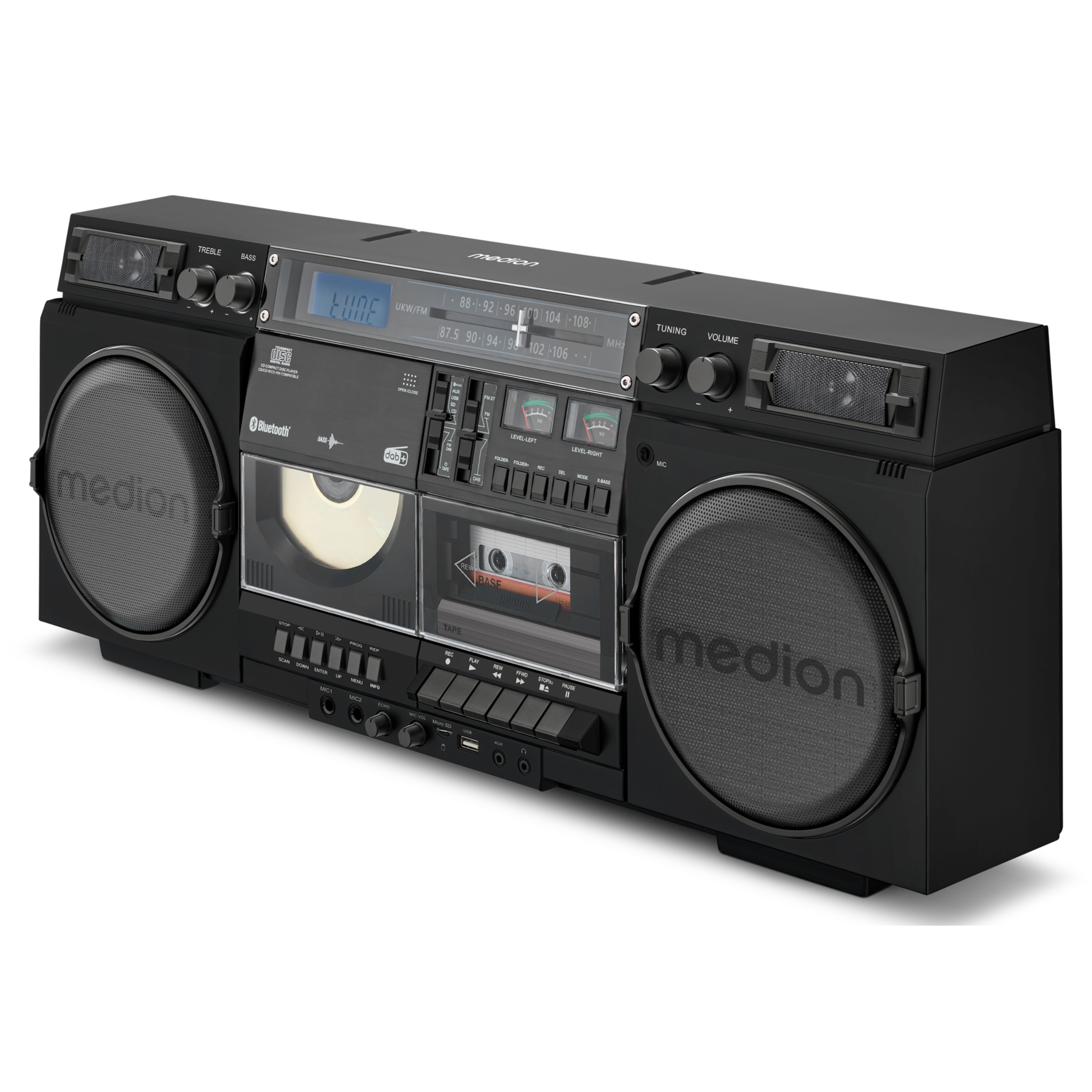 MEDION® LIFE® P66538 Retro-Boombox, DAB+/PLL-UKW Radio, Bluetooth® 5.3 für das Abspielen von Smartphone & Co, CD-Player, Kassettendeck, X-Bass Funktion, 2 x 10 W RMS