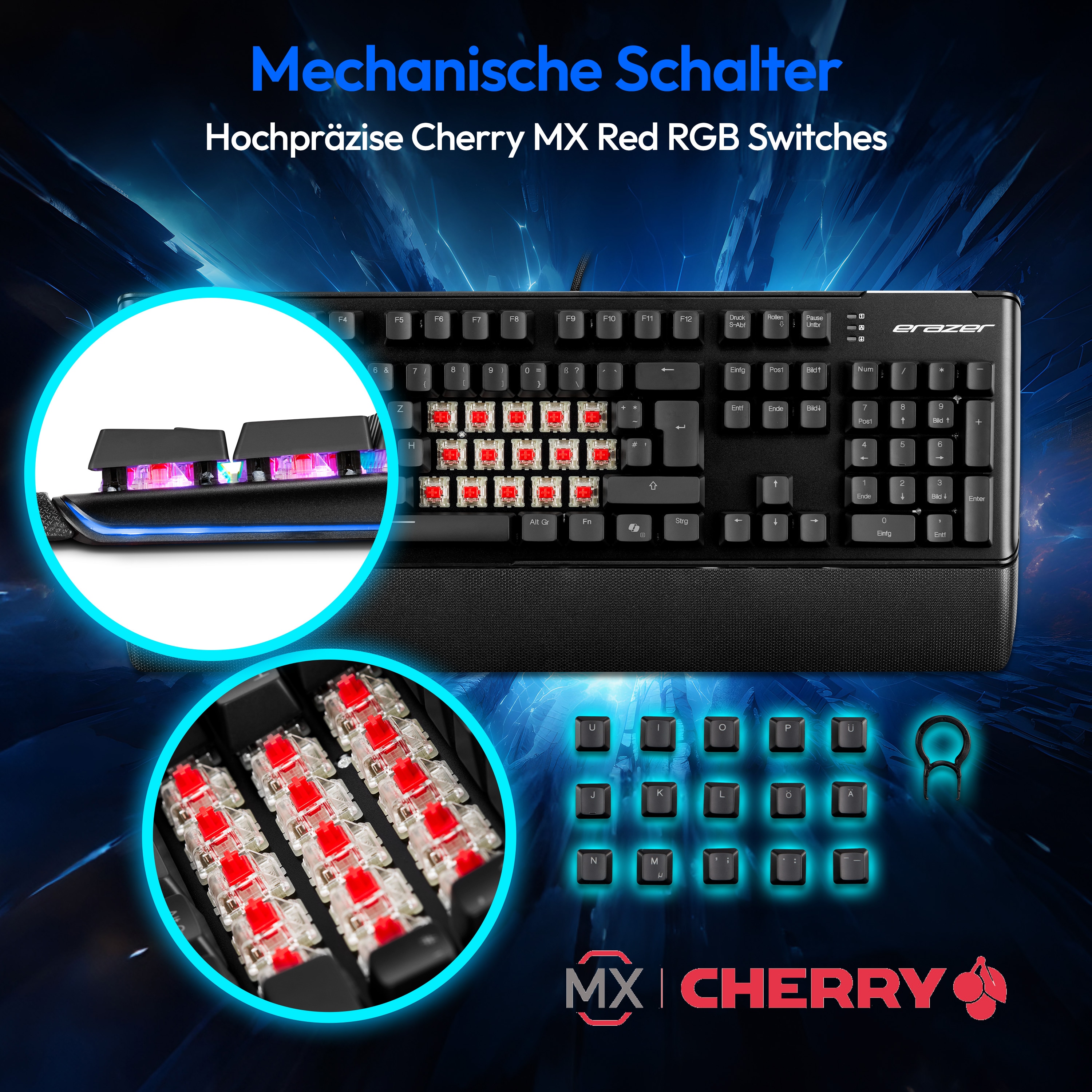 MEDION® ERAZER Supporter X20 mechanische Gaming Tastatur, extrem langlebige CHERRY MX RGB Red Switches, austauschbare Schalter und Tastenkappen, 100% Anti-Ghosting, RGB-Hintergrundbeleuchtung, hochwertige Oberfläche