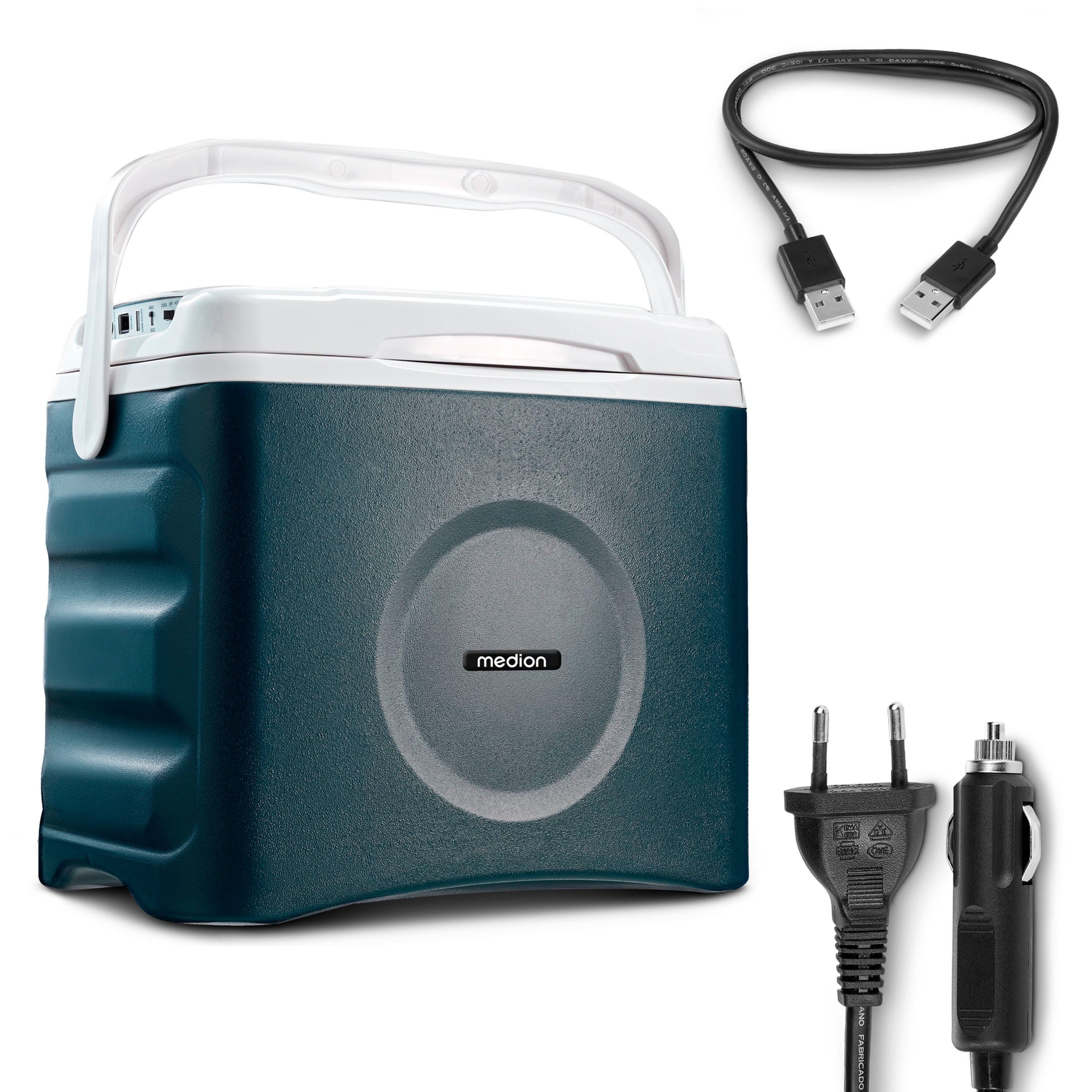 MEDION® Thermoelektrische Kühlbox MD 10735, Kühl- und Warmhaltefunktion, 25 L Kapazität, 12V-, 230V- und USB-Anschlüsse zur Stromversorgung
