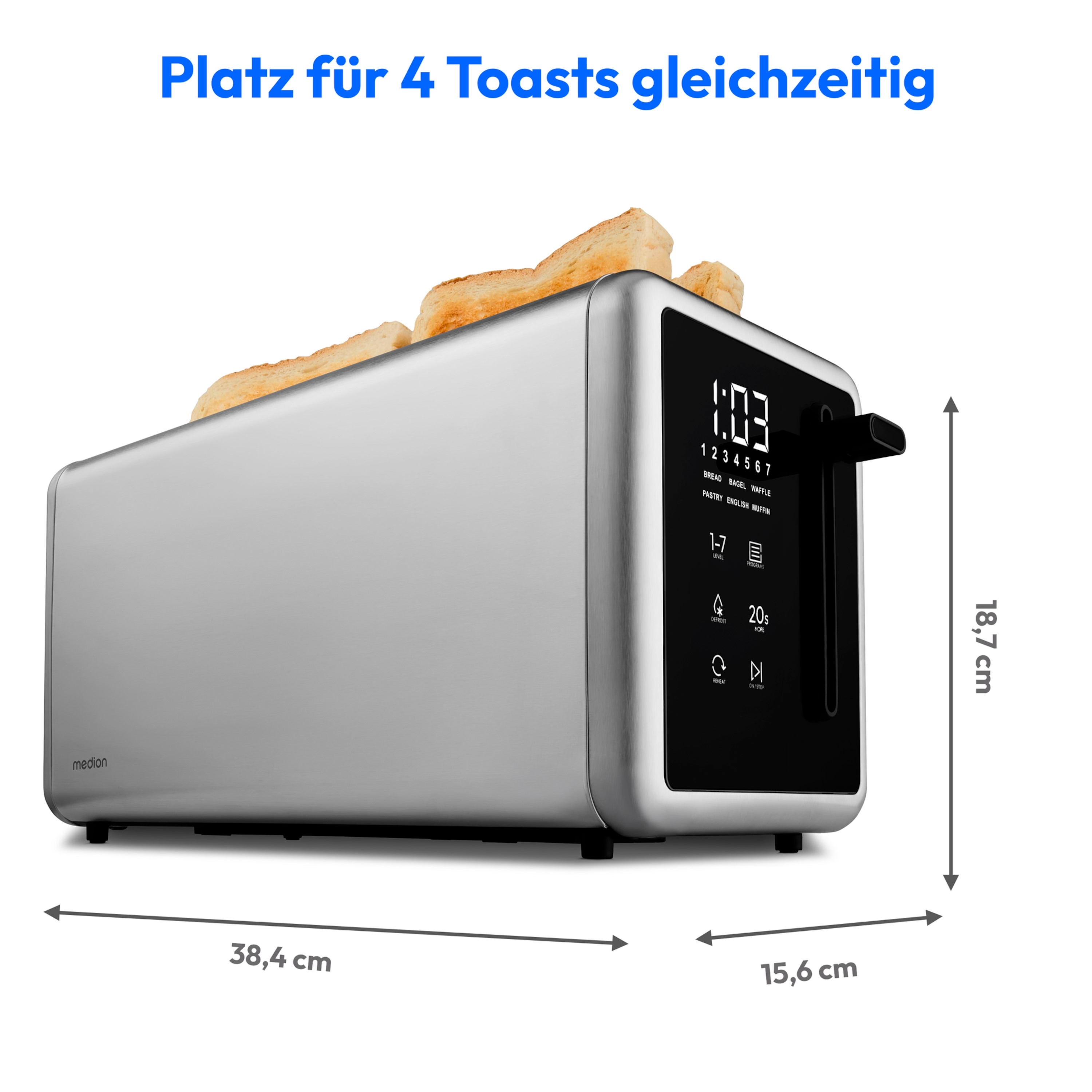 MEDION® MEDION LIFE Toaster MD12103, 2 lange Toastschlitze für bis zu 4 Toasts, LED Sensor-Touch-Display, 7 Bräunungsstufen und 5 Automatikprogramme