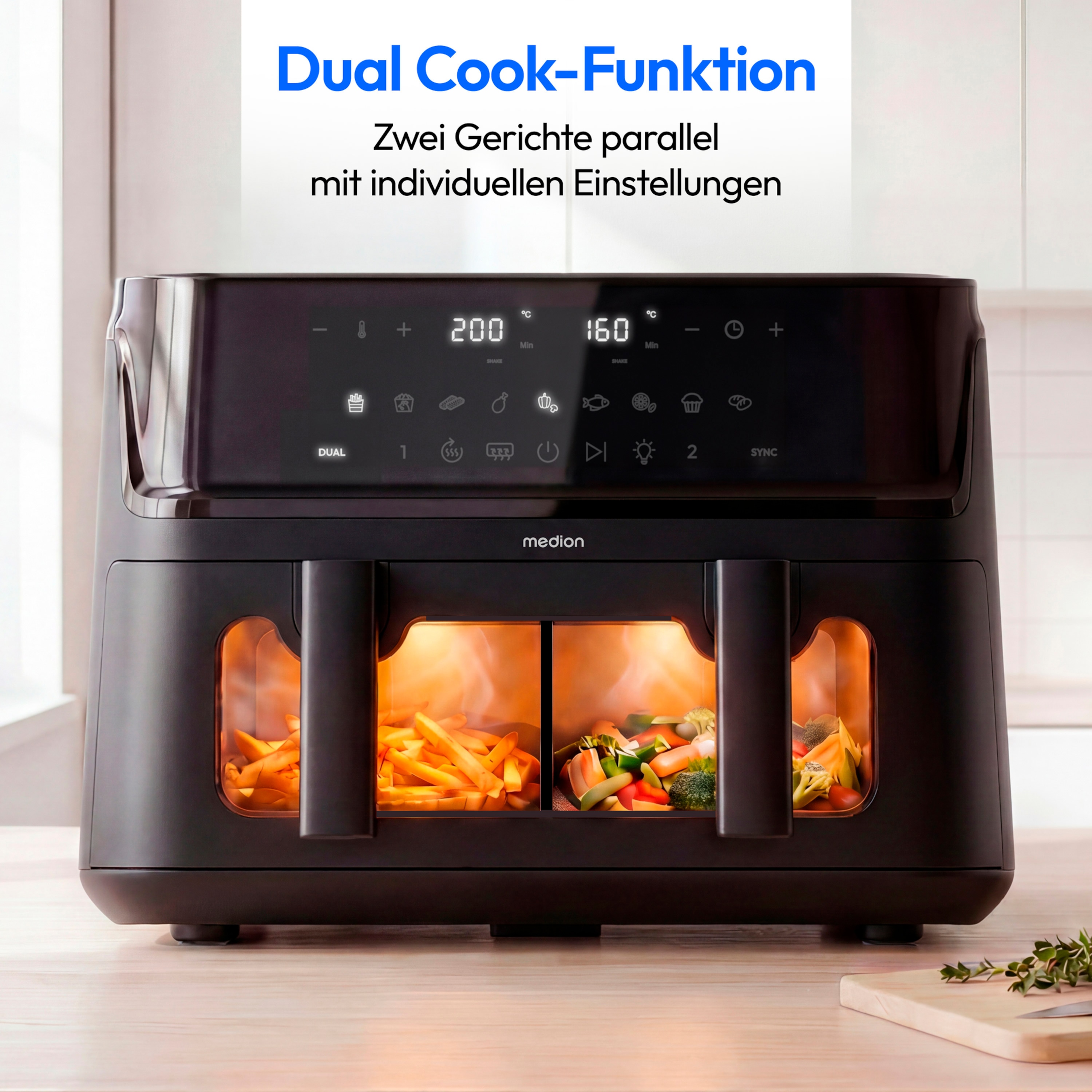 MEDION® LIFE® P25 XXL Flex M Heißluftfritteuse MD100057 schwarz, 100 Rezepte in der Life+ App, 2 separate Garzonen, 10 Automatikprogramme, 10,8 L Gesamt-Nutzinhalt, 3.040 Watt, Temperatur einstellbar bis 200 °C