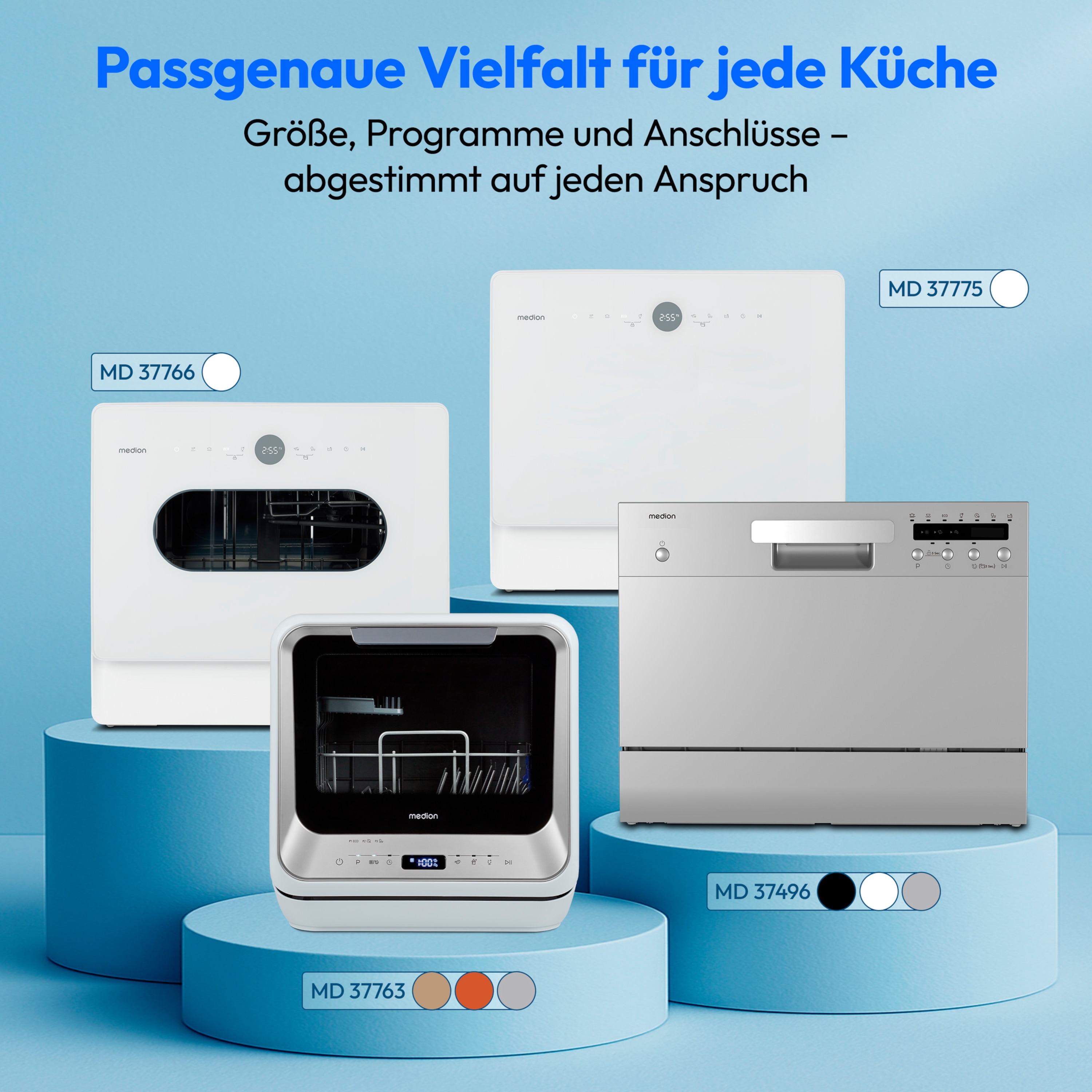 MEDION® LIFE® Tischgeschirrspüler DWT51 (MD 37766), 7 Reinigungsprogramme, Eimer-Funktion und Wasseranschluss, für 5 Gedecke, EasyFit Design, Touch-Bedienfeld, LED-Display