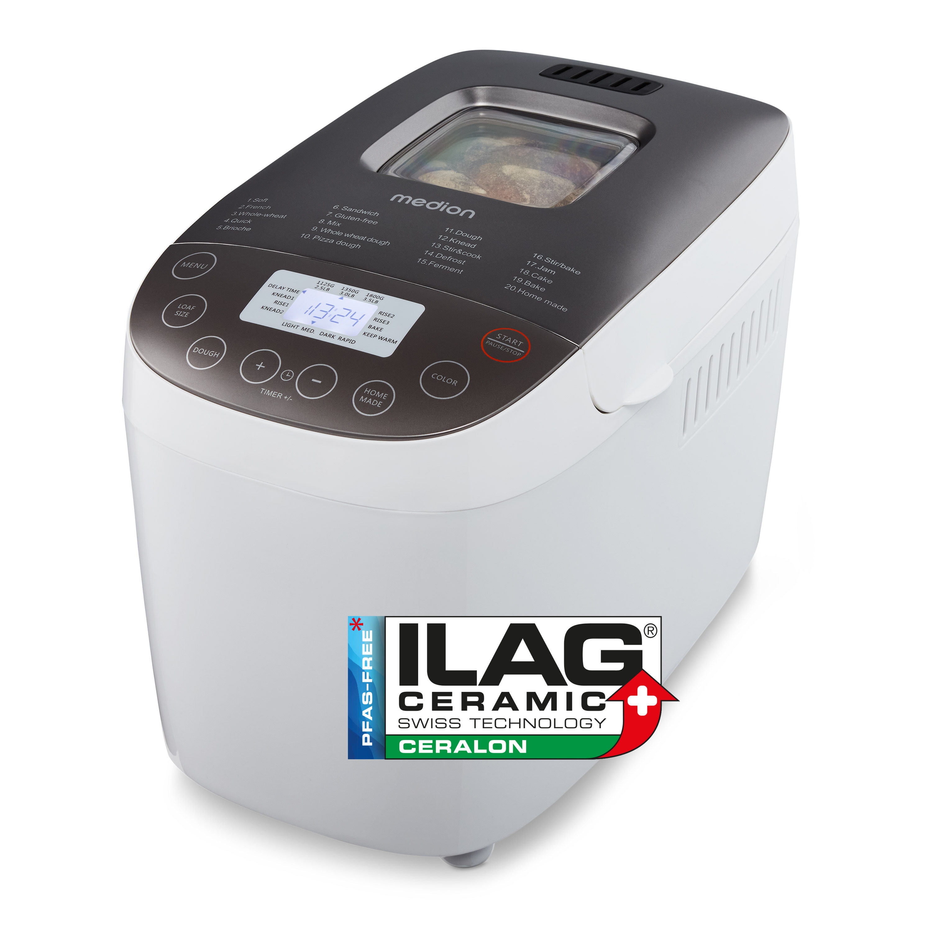 MEDION® LIFE® Brotbackautomat  MD 12040, 20 Backprogramme, 3 wählbare Bräunungsgrade, 950 Watt, bis zu 1.600g Fassungsvermögen