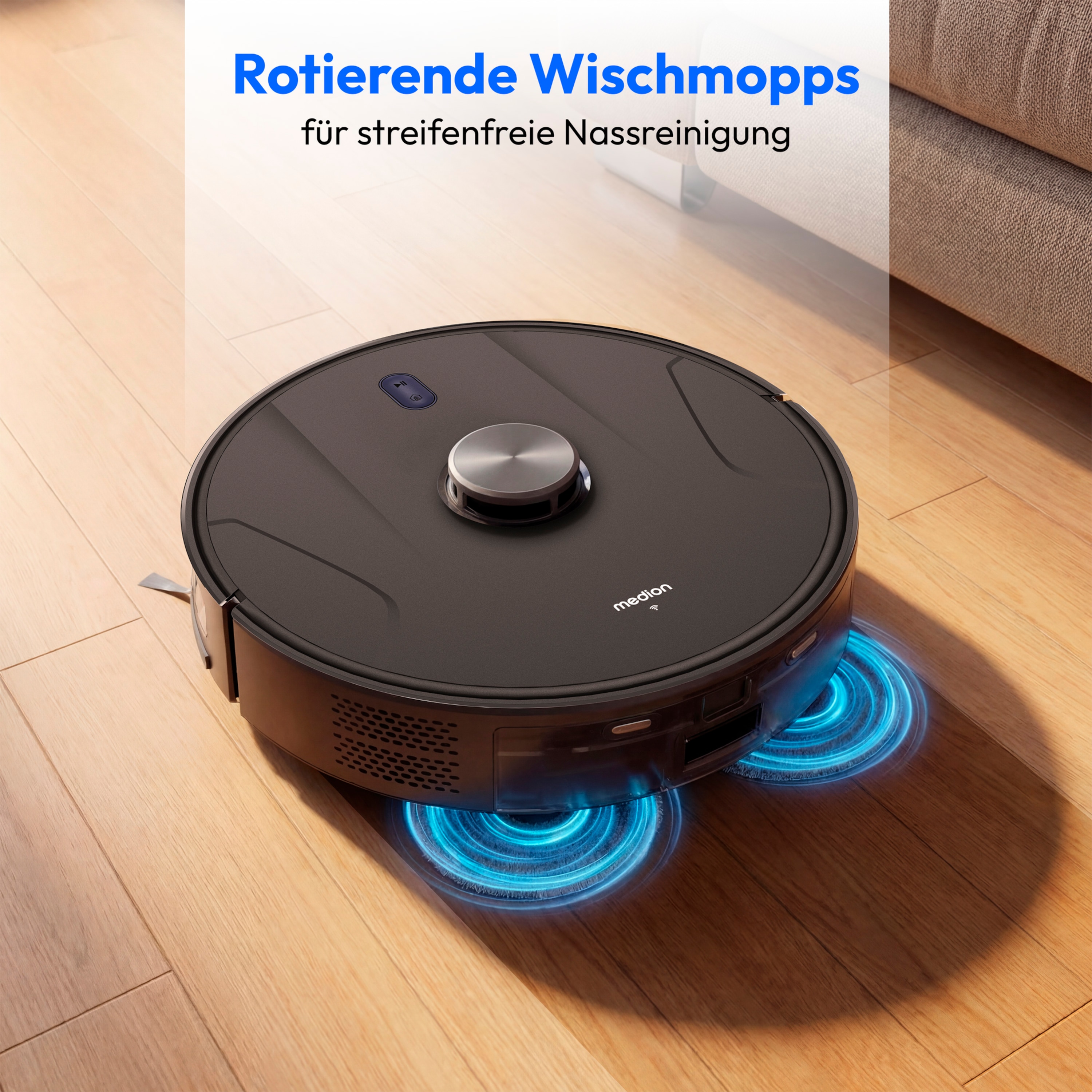 MEDION® Saugroboter mit 2-in-1 Absaugstation X51 SW+, Wischfunktion, rotierende Wischmopps, Lasernavigation, Hinderniserkennung durch Kreuzlinienlaser, starke 10.000 Pa Saugkraft, präzise Kartenerstellung