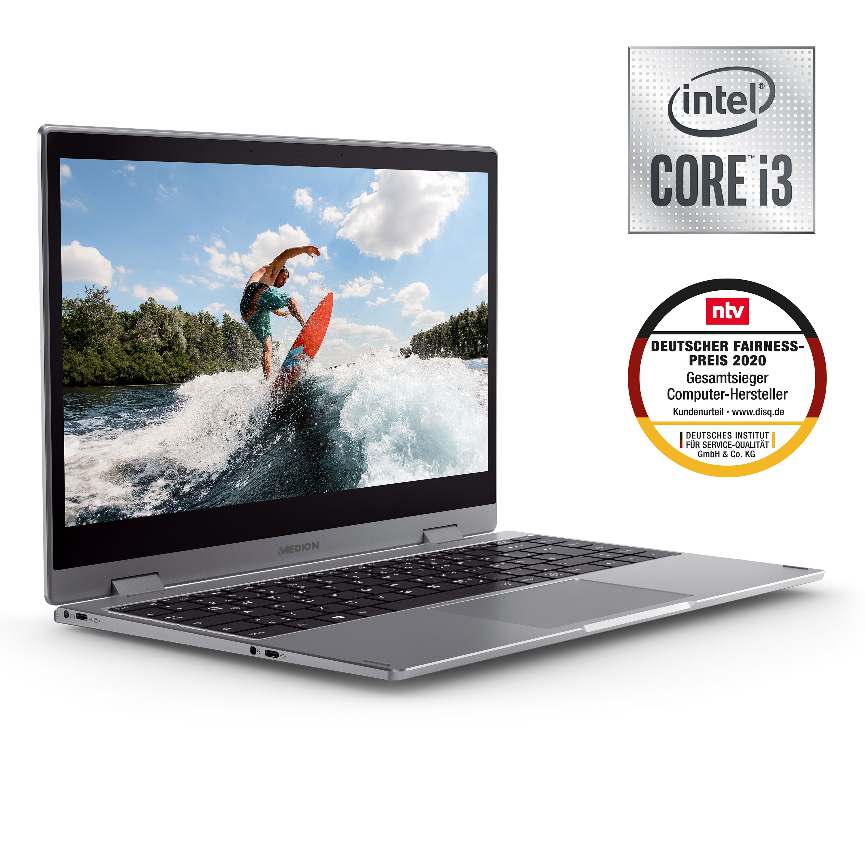 MEDION® S14405 Convertible Laptop, Intel® Core™ i3-10110U, Windows 10 Home (S Modus), 35,5 cm (14'') FHD Touch-Display, 256 GB SSD, 8 GB RAM