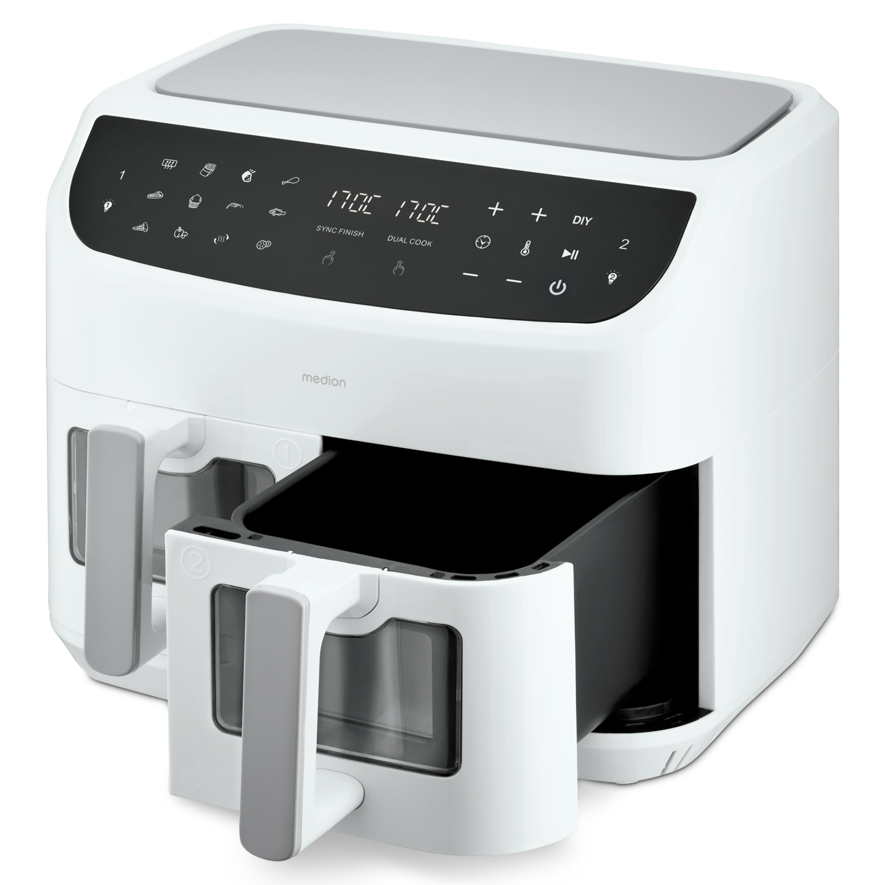 MEDION® LIFE® P20 XXL Twin Doppelzonen-Heißluftfritteuse MD 11760, 100 Rezepte in der Life+ App, 2 separate Garzonen, 9 Automatikprogramme, 8,7 L Gesamt-Nutzinhalt, 2.600 Watt, Temperatur einstellbar bis 200 °C