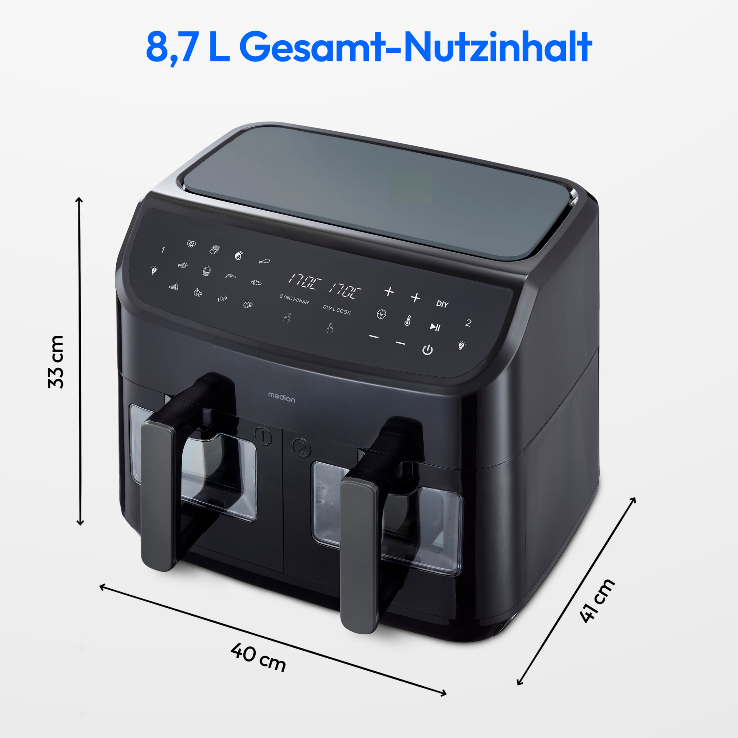 MEDION® LIFE® P20 XXL Twin Doppelzonen-Heißluftfritteuse MD 11760, 100 Rezepte in der Life+ App, 2 separate Garzonen, 9 Automatikprogramme, 8,7 L Gesamt-Nutzinhalt, 2.600 Watt, Temperatur einstellbar bis 200 °C