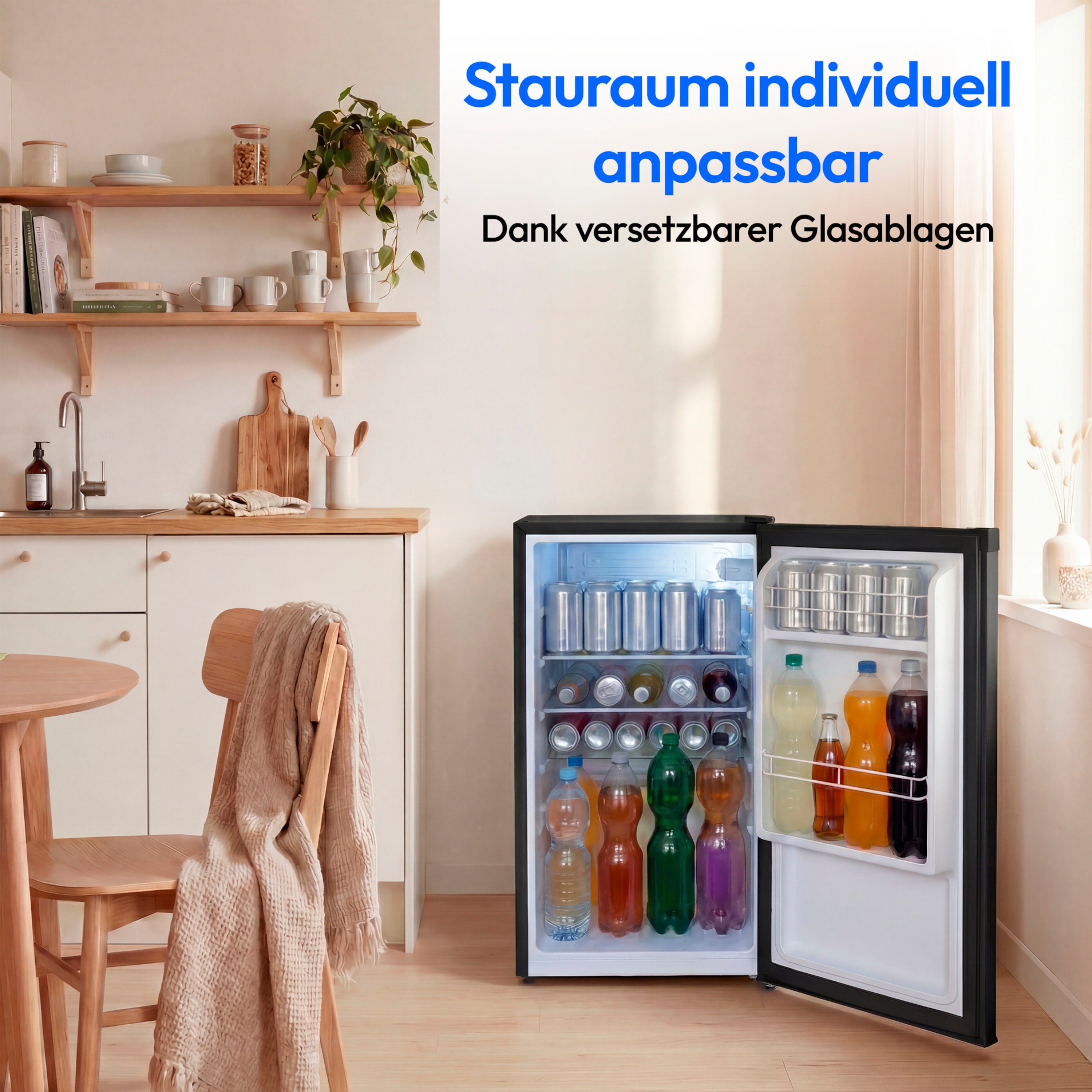 MEDION® LIFE Kühlschrank MD370009, 76 L Nutzinhalt, 3 Ablagen & 2 Türfächer, temperaturregulierbar (0–8 °C), wechselbarer Türanschlag, Energieklasse E