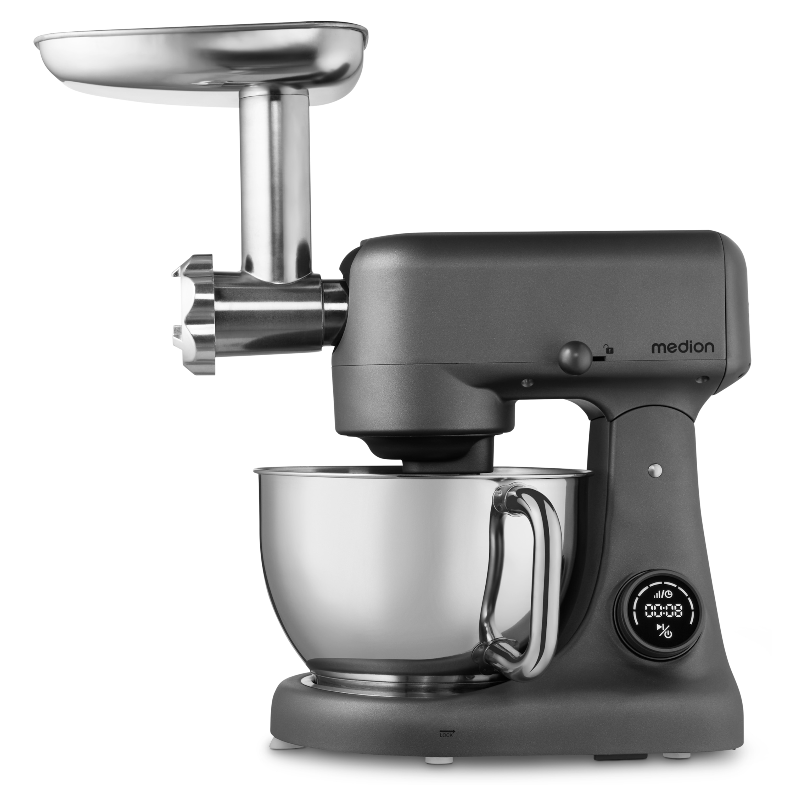 MEDION® LIFE Digitale Küchenmaschine MD12600, 800 W Gleichstrommotor, Energiesparend, Ultraleise, Digitales Sensor-Touch-Display, 4,6 L Edelstahlschüssel, Inkl. Fleischwolf