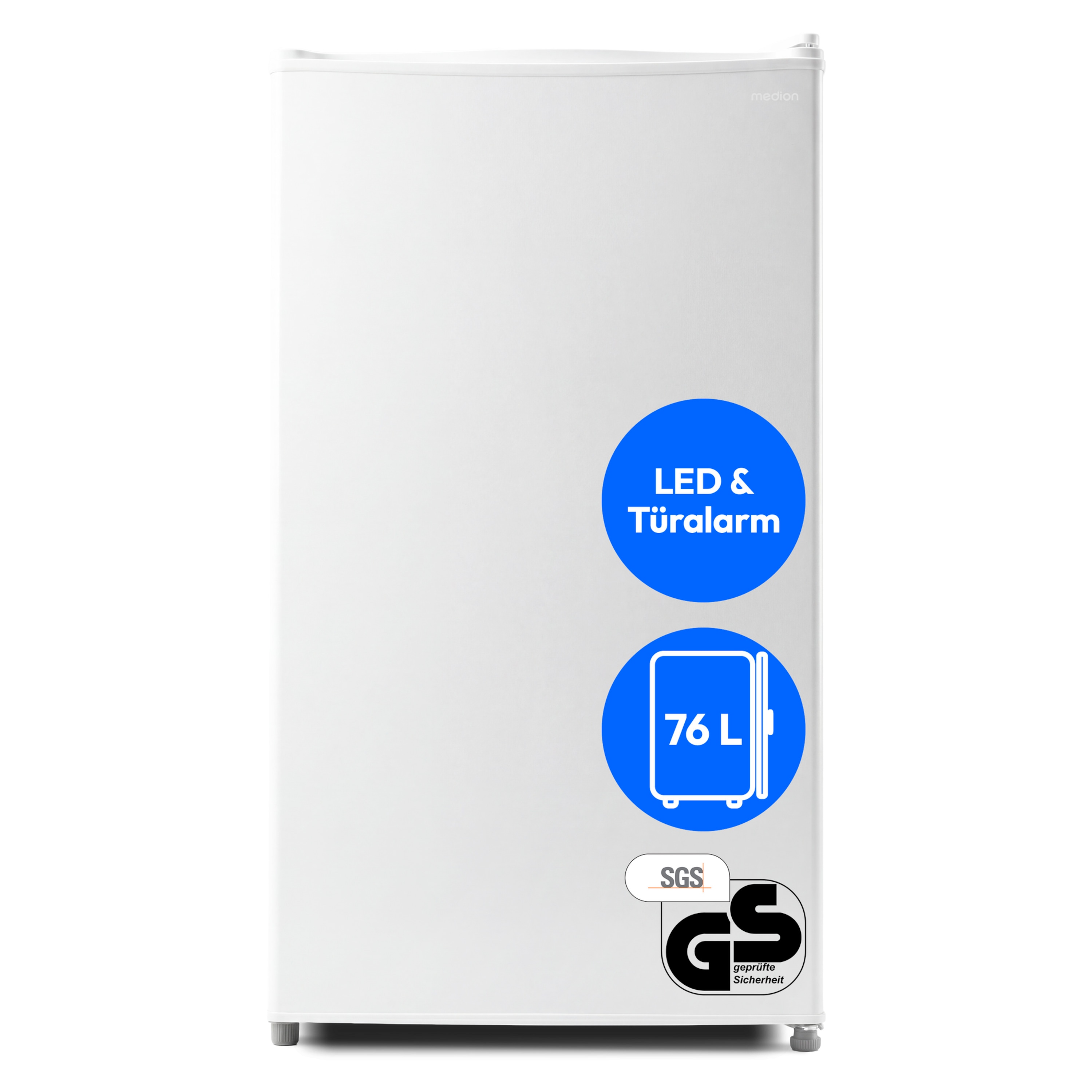 MEDION® LIFE Kühlschrank MD370009, 76 L Nutzinhalt, 3 Ablagen & 2 Türfächer, temperaturregulierbar (0–8 °C), wechselbarer Türanschlag, Energieklasse E