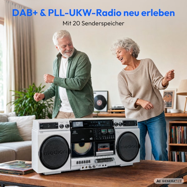 MEDION® LIFE P66538 Retro-Boombox silber, DAB+/PLL-UKW Radio, Bluetooth® 5.3 für das Abspielen von Smartphone & Co, CD-Player, Kassettendeck, X-Bass Funktion, 2 x 10 W RMS