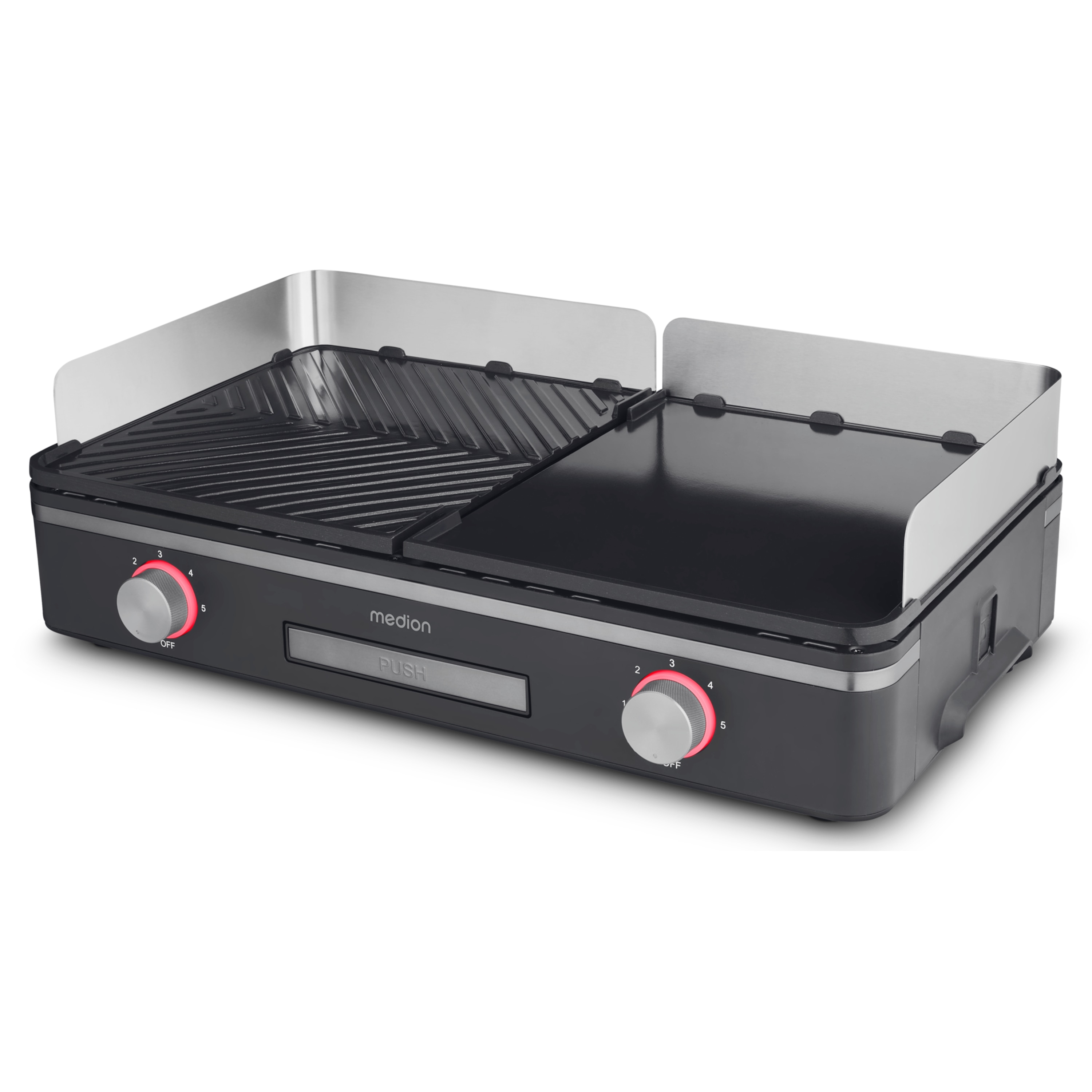 MEDION® LIFE Tischgrill mit Dual-Zonen-System (MD12027), 2,400 Watt, 2 abnehmbare Platten, LED-Statusanzeige (weiß, rot, grün), IPX4-Schutz