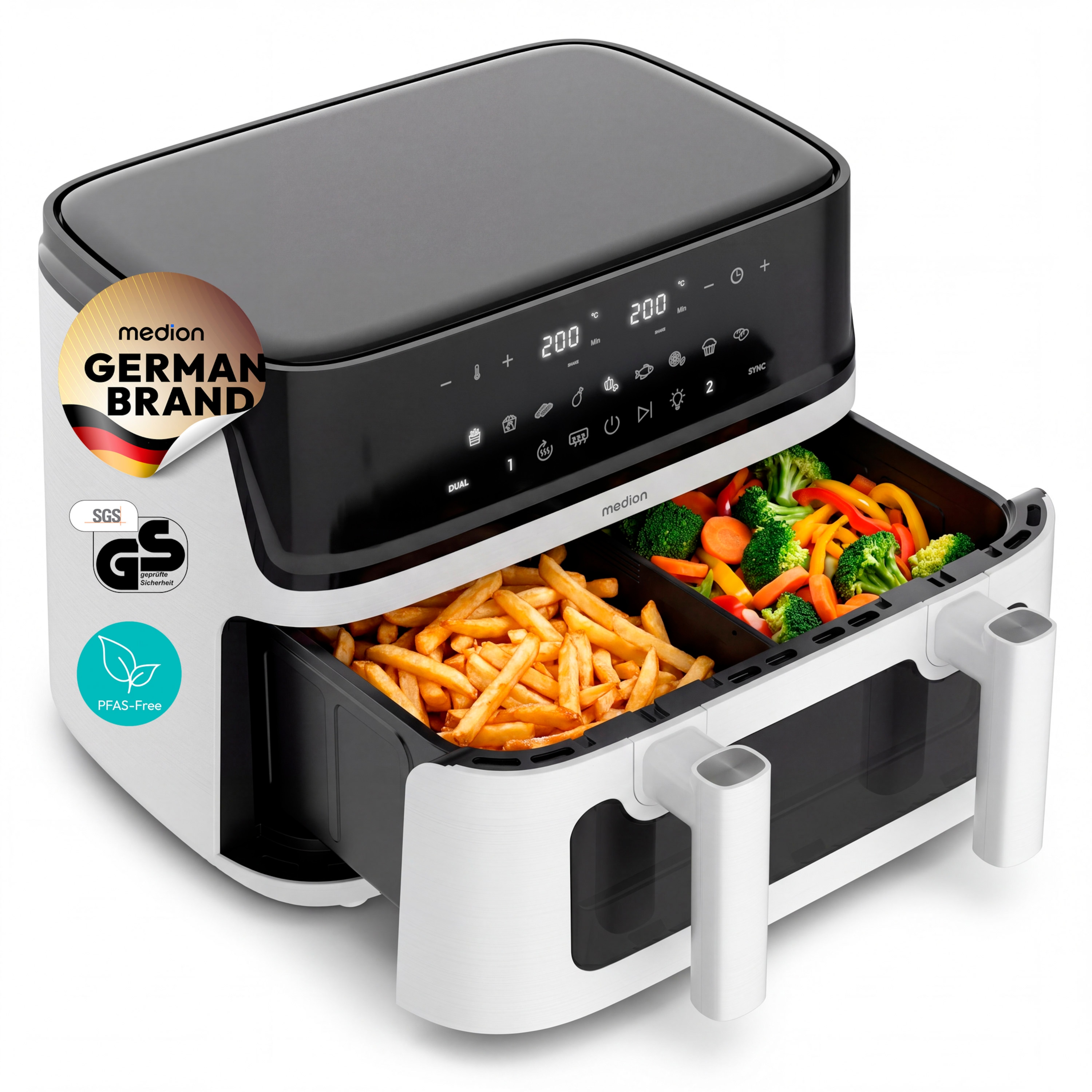 MEDION® LIFE® P25 XXL Flex M Heißluftfritteuse MD100057 weiß, 100 Rezepte in der Life+ App, 2 separate Garzonen, 10 Automatikprogramme, 10,8 L Gesamt-Nutzinhalt, 3.040 Watt, Temperatur einstellbar bis 200 °C