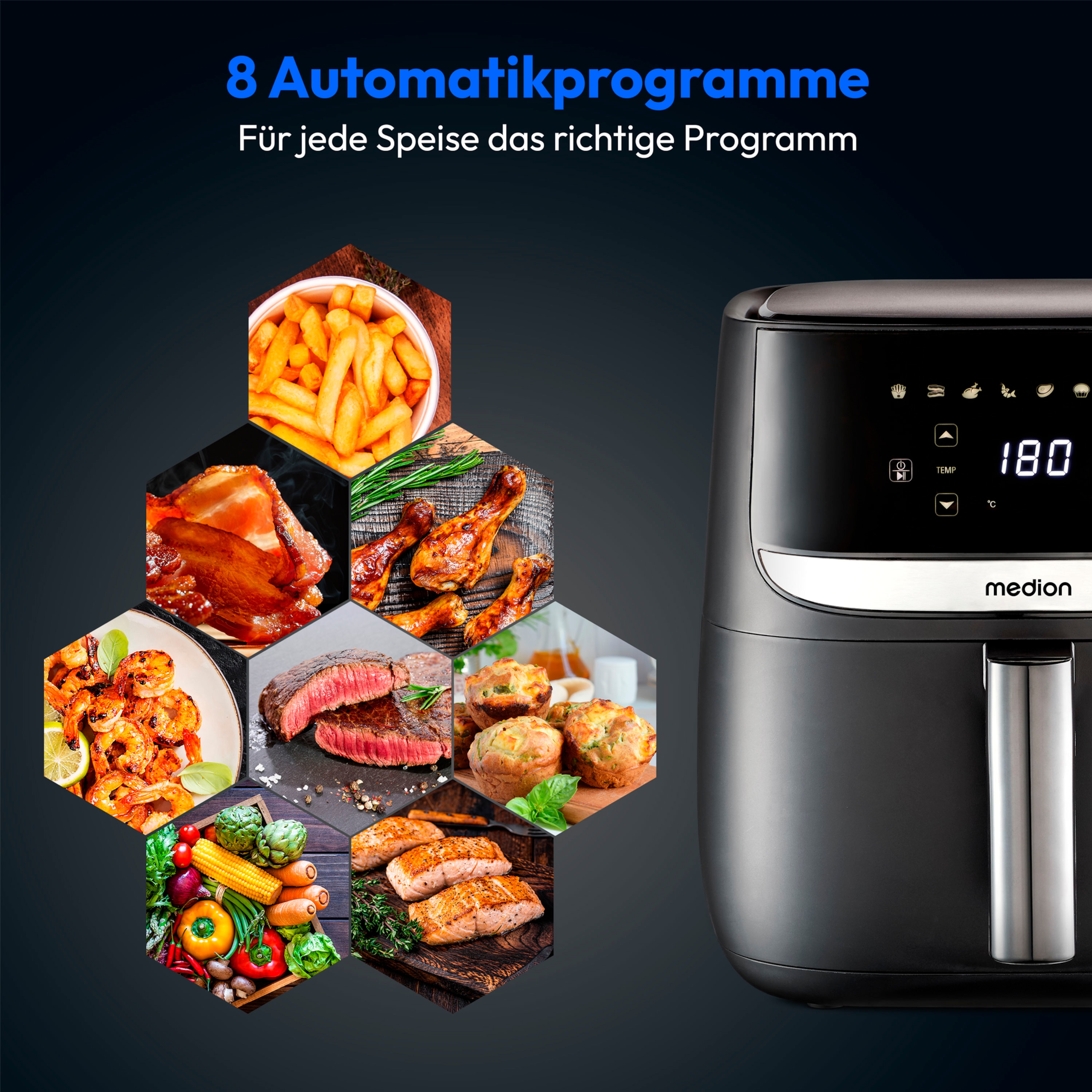 MEDION® LIFE E50 XL Heißluftfritteuse MD 10532, ölfreies Frittieren, digitales Bedienfeld, Automatikprogramme, 5,7 L Korbvolumen