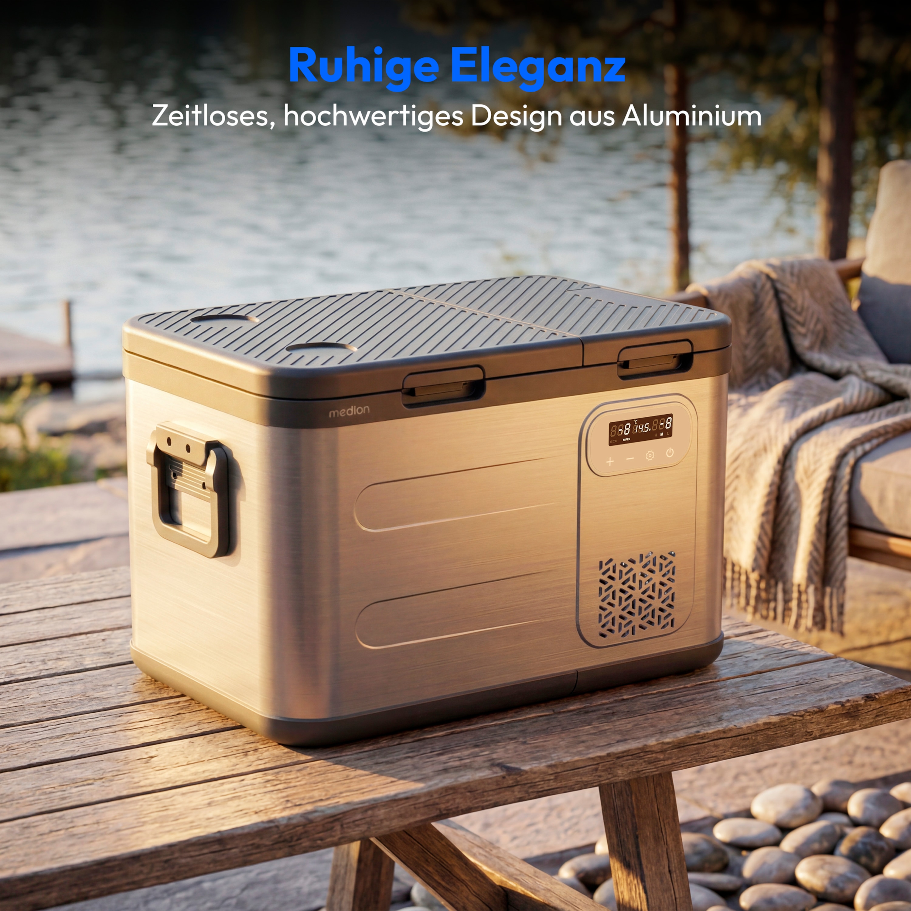 MEDION® LIFE Kompressor Kühlbox MD370026, Duale Kühlzonen bis −20 °C, 36 L Kapazität, 12 V 24 V 230 V, Aluminium Design