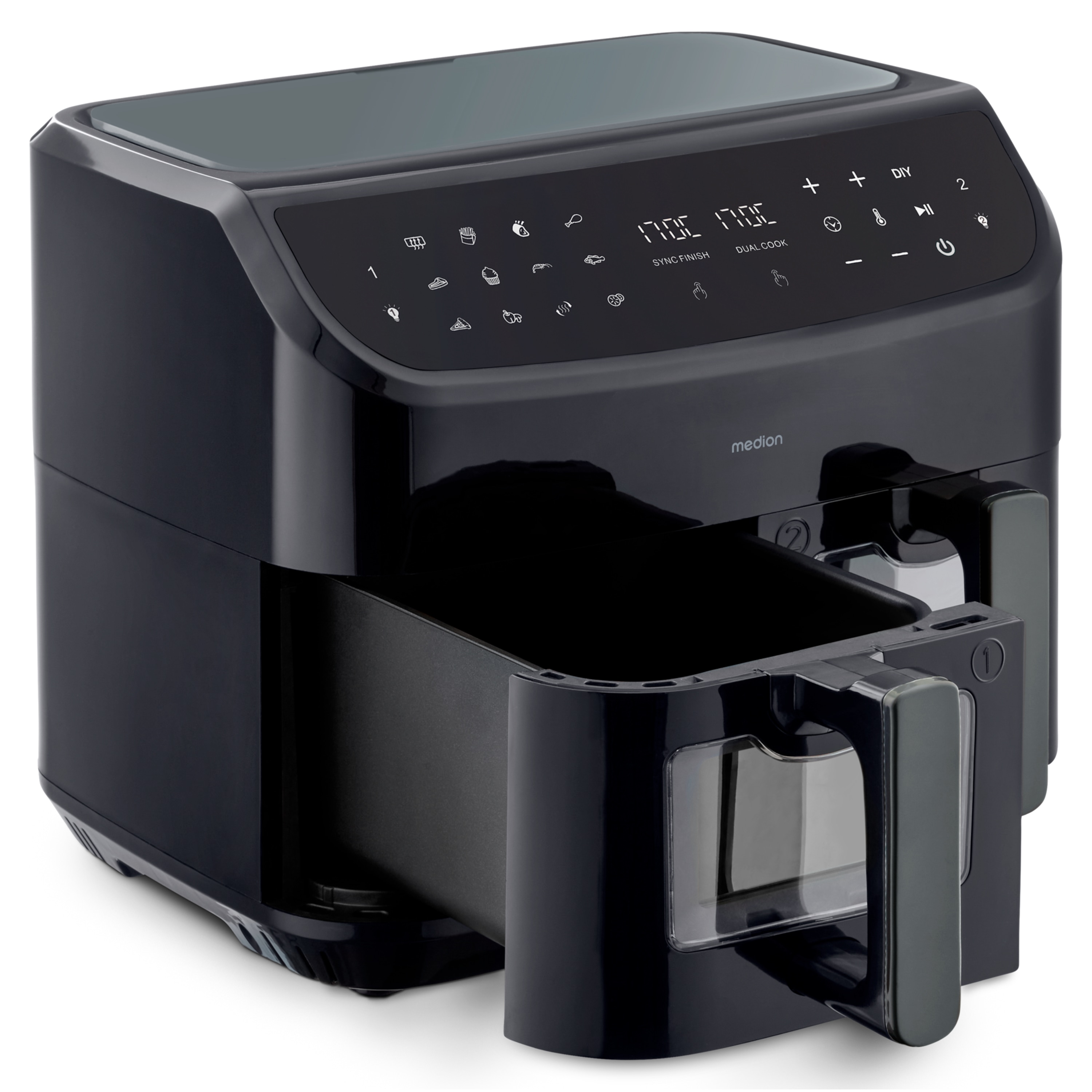 MEDION® LIFE® P20 XXL Twin Doppelzonen-Heißluftfritteuse MD 11760, 100 Rezepte in der Life+ App, 2 separate Garzonen, 9 Automatikprogramme, 8,7 L Gesamt-Nutzinhalt, 2.600 Watt, Temperatur einstellbar bis 200 °C