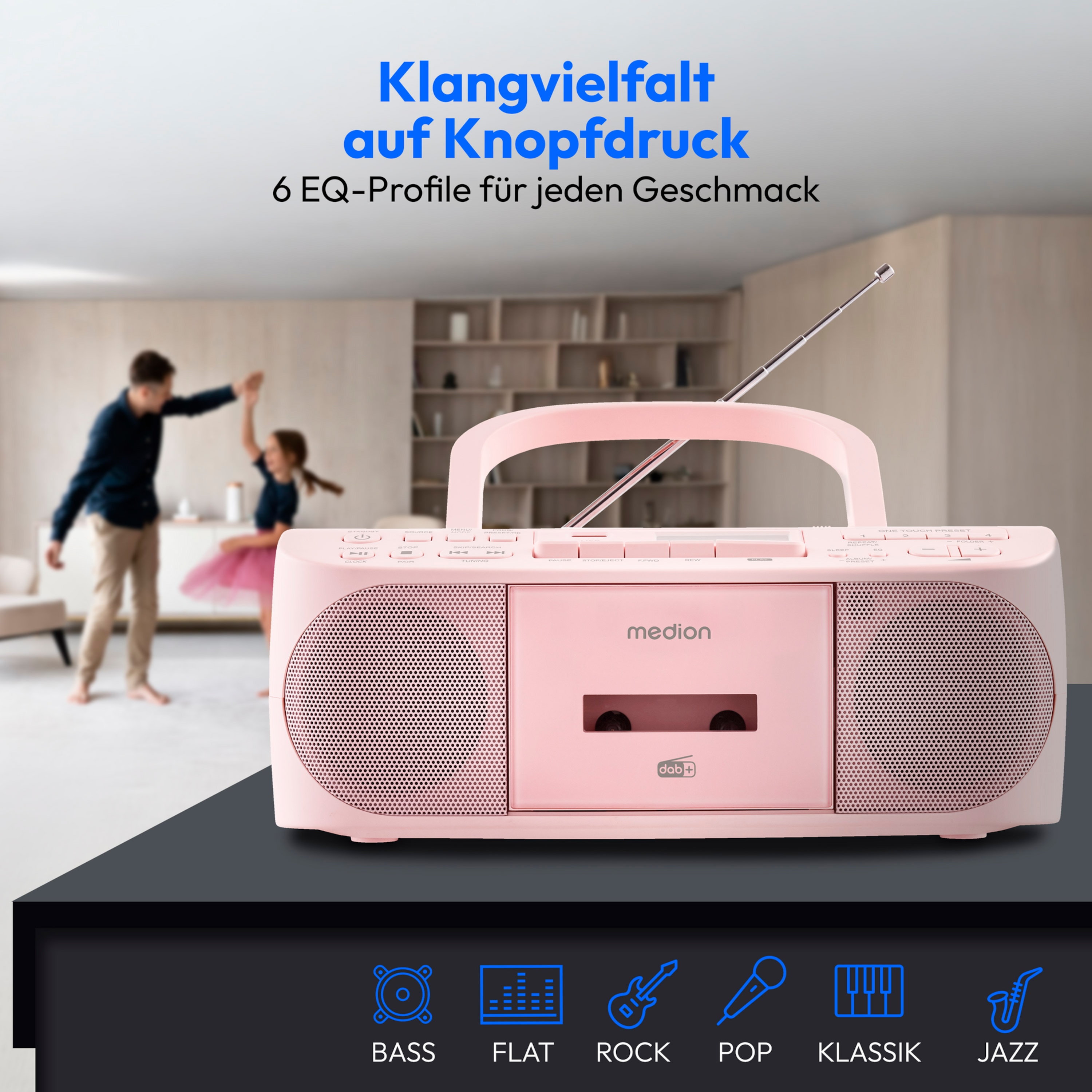 MEDION® LIFE® DRX-1 Plus Boombox, DAB+/PLL-UKW-Stereo Radio, Bluetooth® 5.4, CD-Kassetten-Radio mit MP3-Wiedergabe, USB Anschluss, CD-R/RW kompatibel, AUX-In, 2 x 3 W RMS