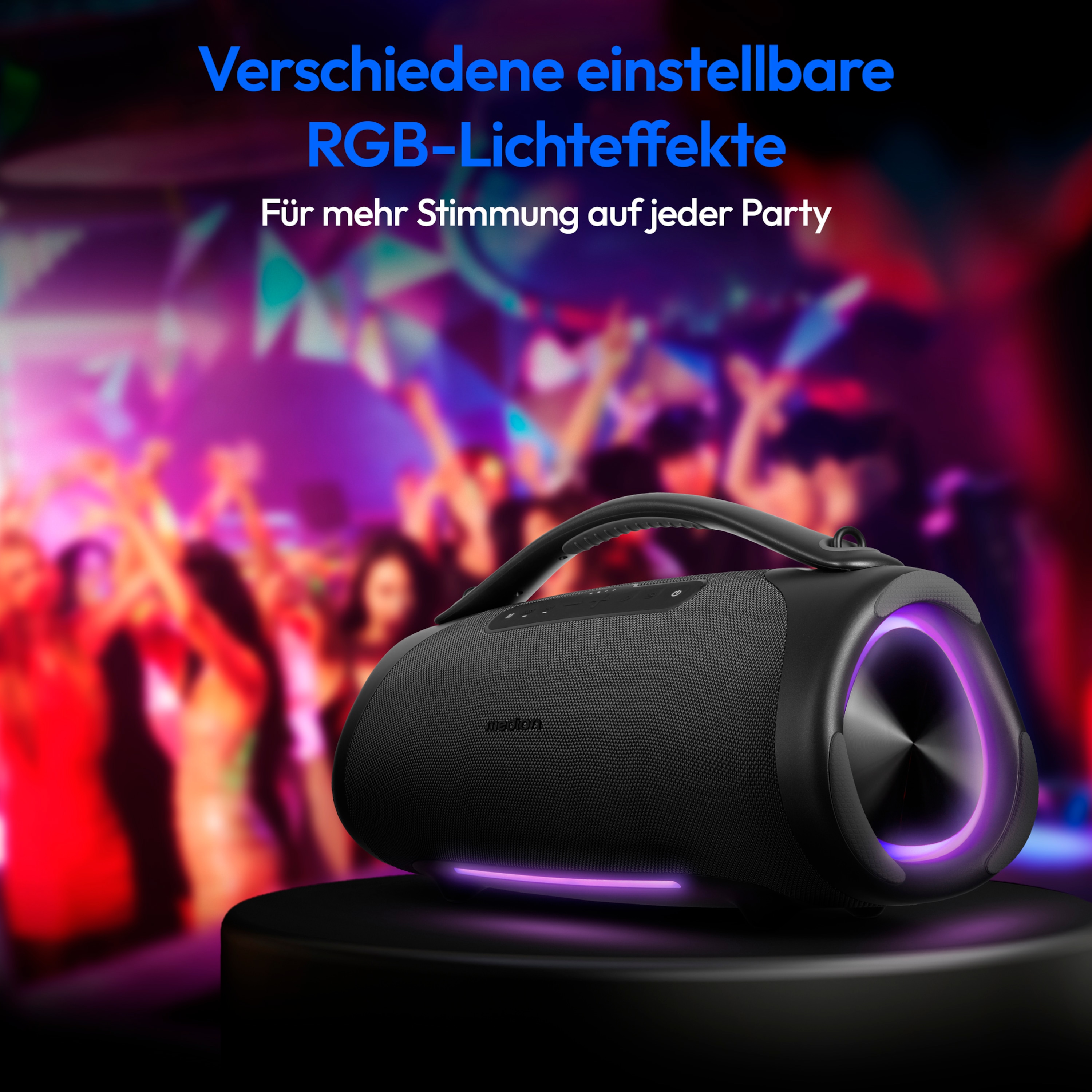 MEDION® LIFE® P61768 Tragbarer Bluetooth® Lautsprecher XL, Dual Illuminated & Lightstrip (RGB-Lichteffekte), Bluetooth® 5.3, integrierter Akku mit bis zu 30 Stunden Laufzeit, robustes & mobiles Design, 2 x 25 W + 50 W RMS