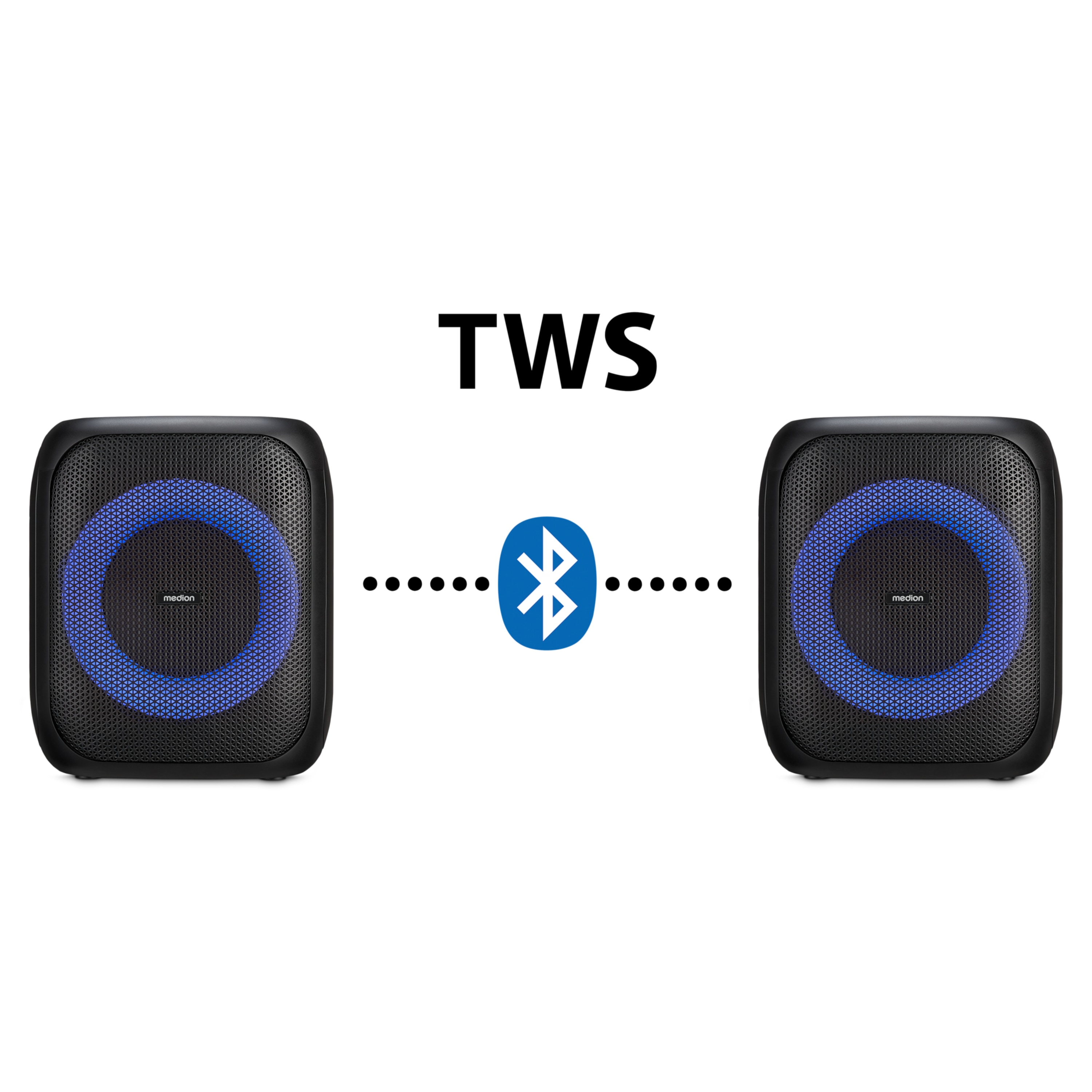 MEDION® LIFE® S61991 Partylautsprecher, tragbares Bluetooth®-Soundsystem. Bluetooth® 5.3 für kabellose Musikübertragung, verschiedene Lichteffekte, integrierter Akku, TWS-Funktion, 50 W RMS