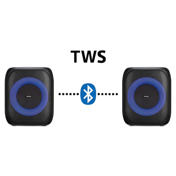 MEDION® LIFE® S61991 Partylautsprecher, tragbares Bluetooth®-Soundsystem. Bluetooth® 5.3 für kabellose Musikübertragung, verschiedene Lichteffekte, integrierter Akku, TWS-Funktion, 50 W RMS