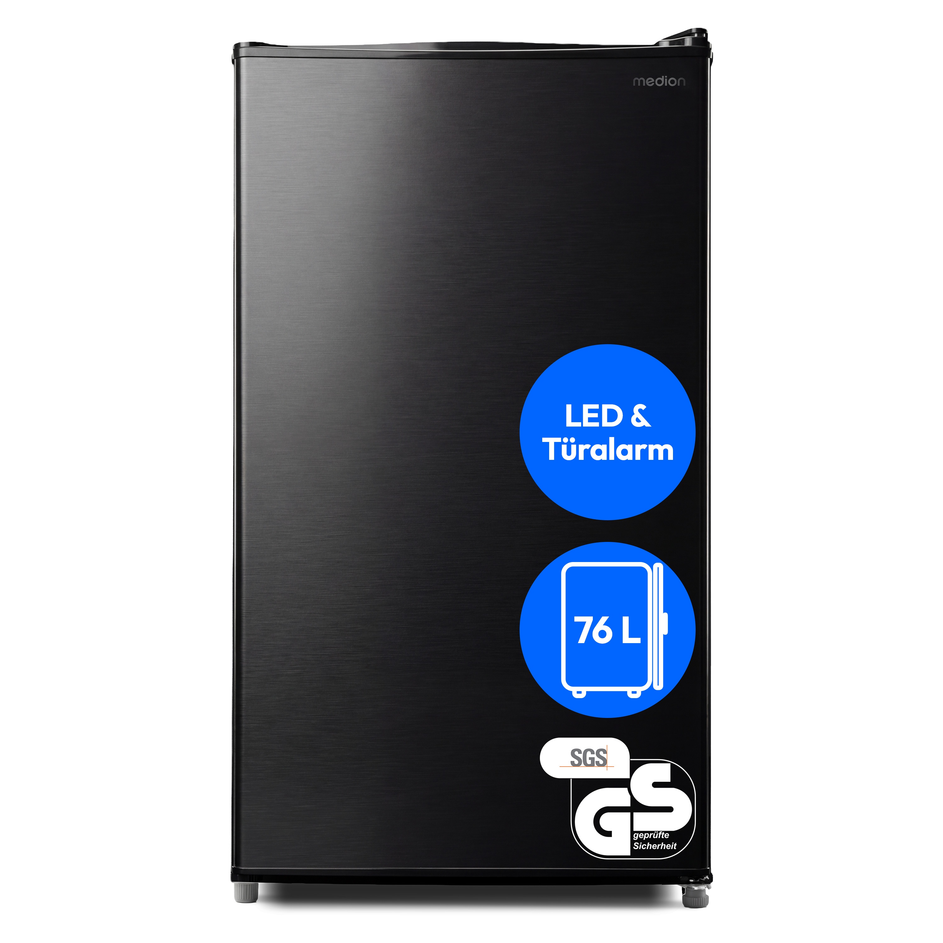 MEDION® LIFE Kühlschrank MD370009 Schwarz, 76 L Nutzinhalt, 3 Ablagen & 2 Türfächer, temperaturregulierbar (0–8 °C), wechselbarer Türanschlag, Energieklasse E