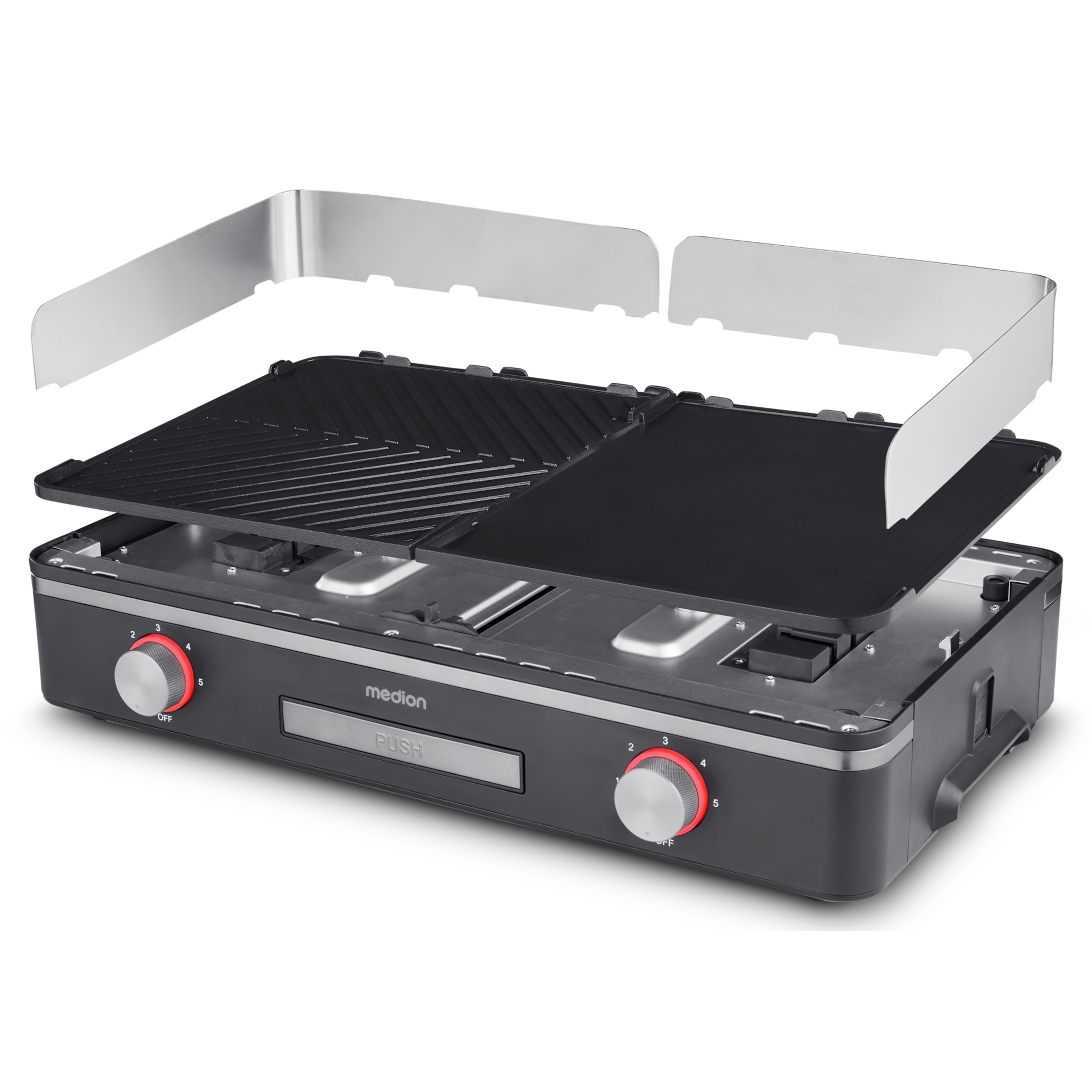 MEDION® LIFE Tischgrill mit Dual-Zonen-System (MD12027), 2,400 Watt, 2 abnehmbare Platten, LED-Statusanzeige (weiß, rot, grün), IPX4-Schutz